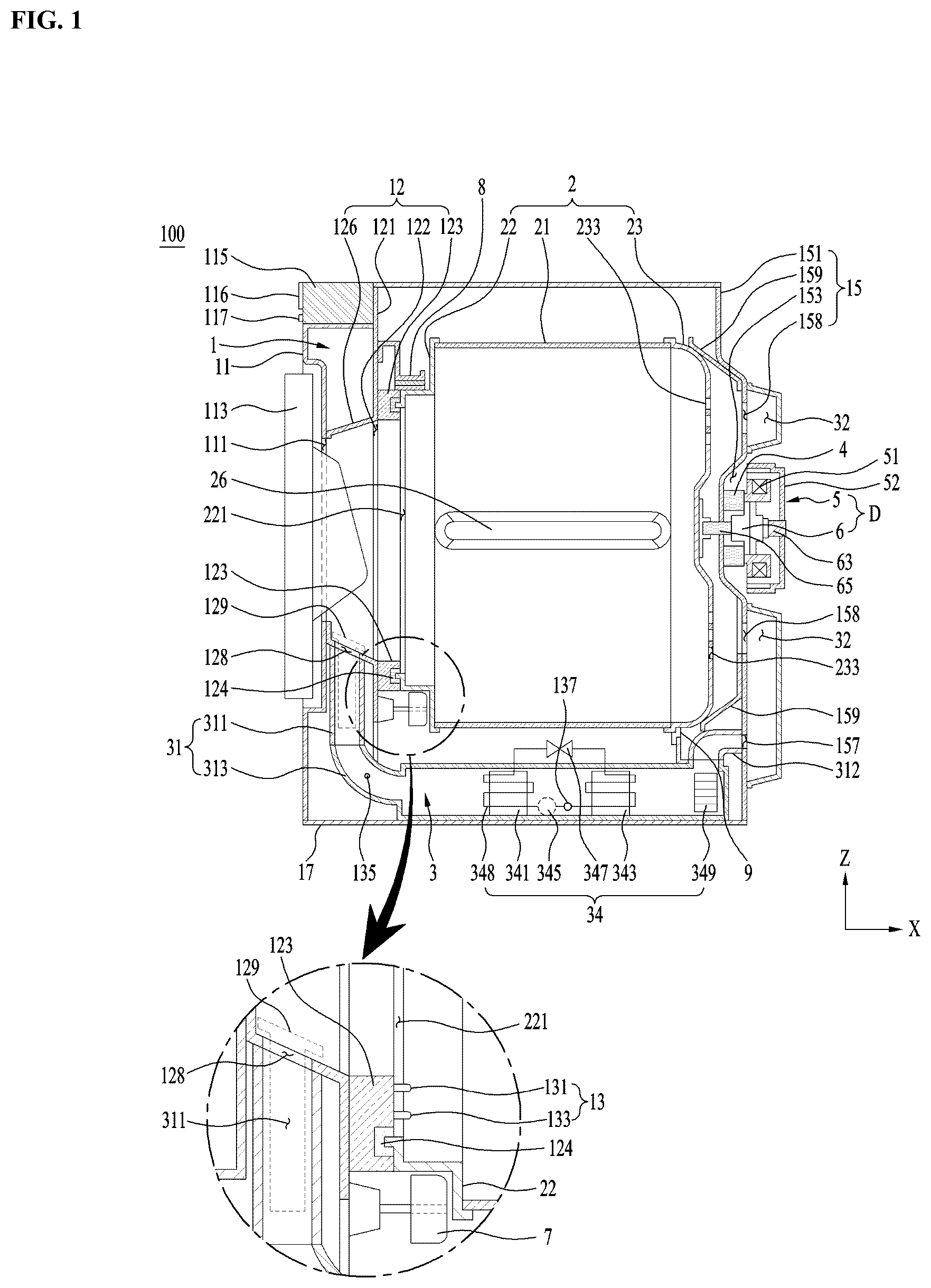 Patent US12139838 — Apparatus for treating laundry — Figure 1