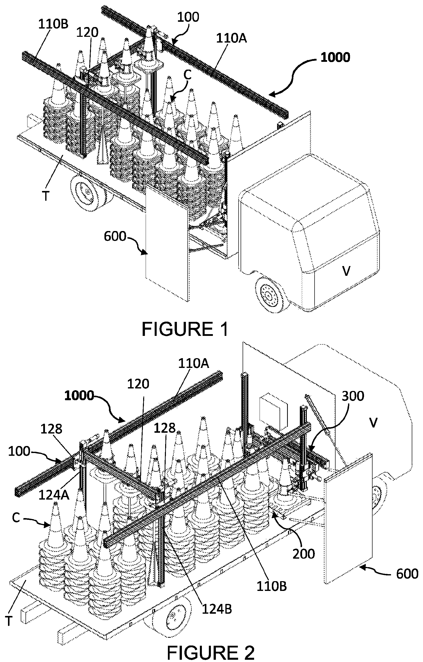 Patent US12139864 — Vehicle mounted system for deploying and retrieving traffic barriers — Figure 1