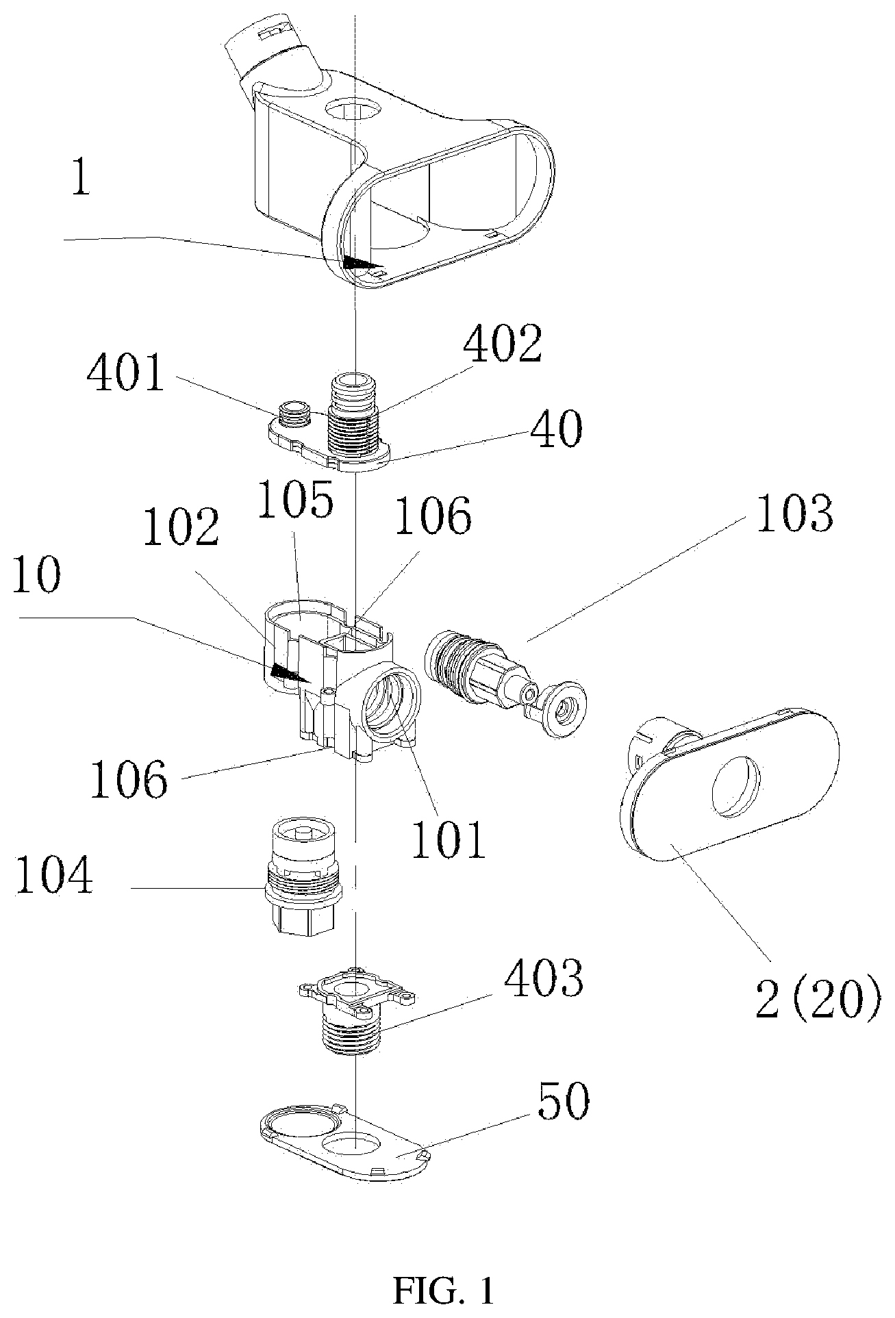 Patent US12139896 — Outlet water switching device with temperature display and shower system — Figure 1