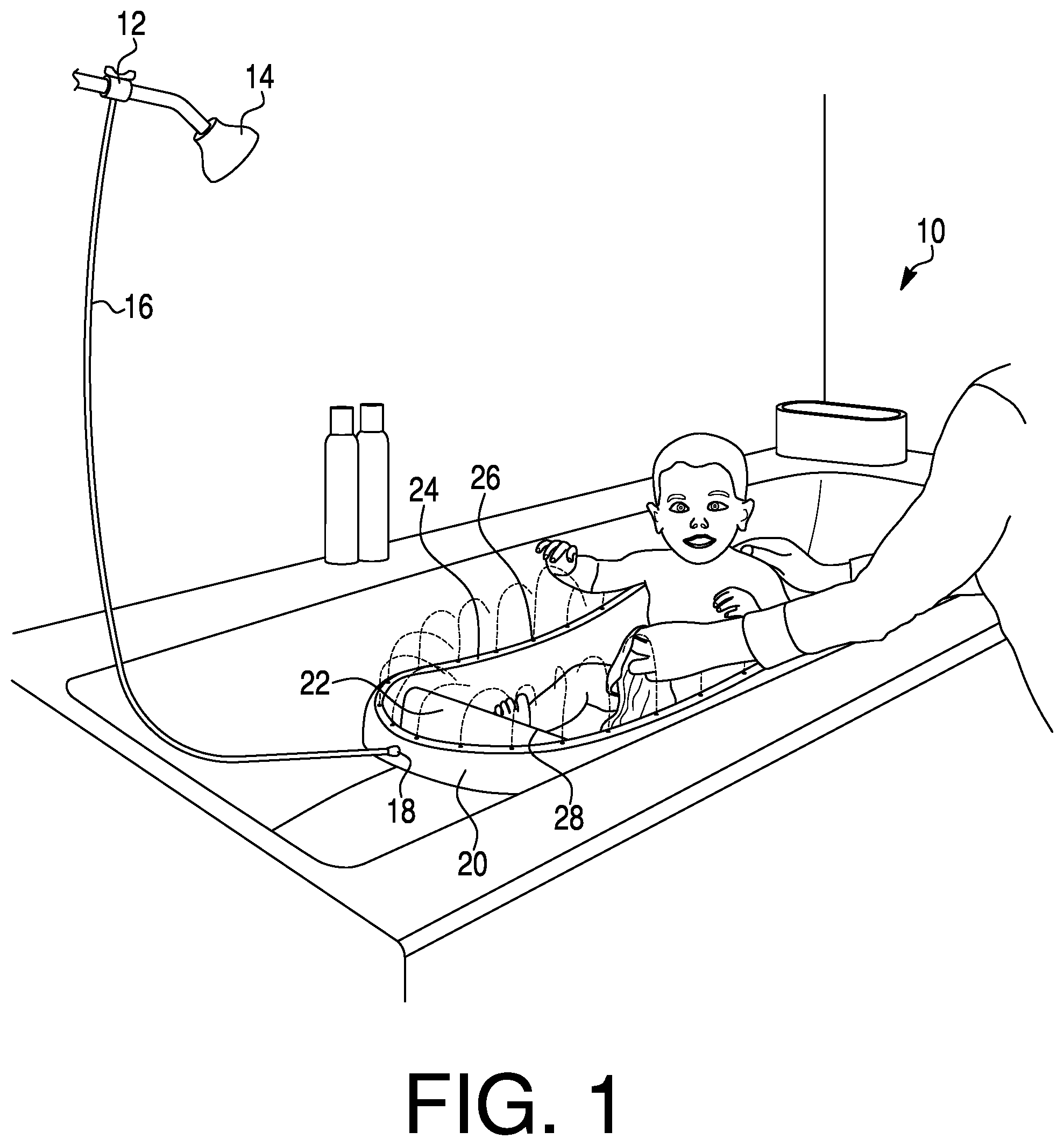 Patent US12139897 — Systems and methods for diverting water from a shower head and distributing within a bathtub or shower basin — Figure 1