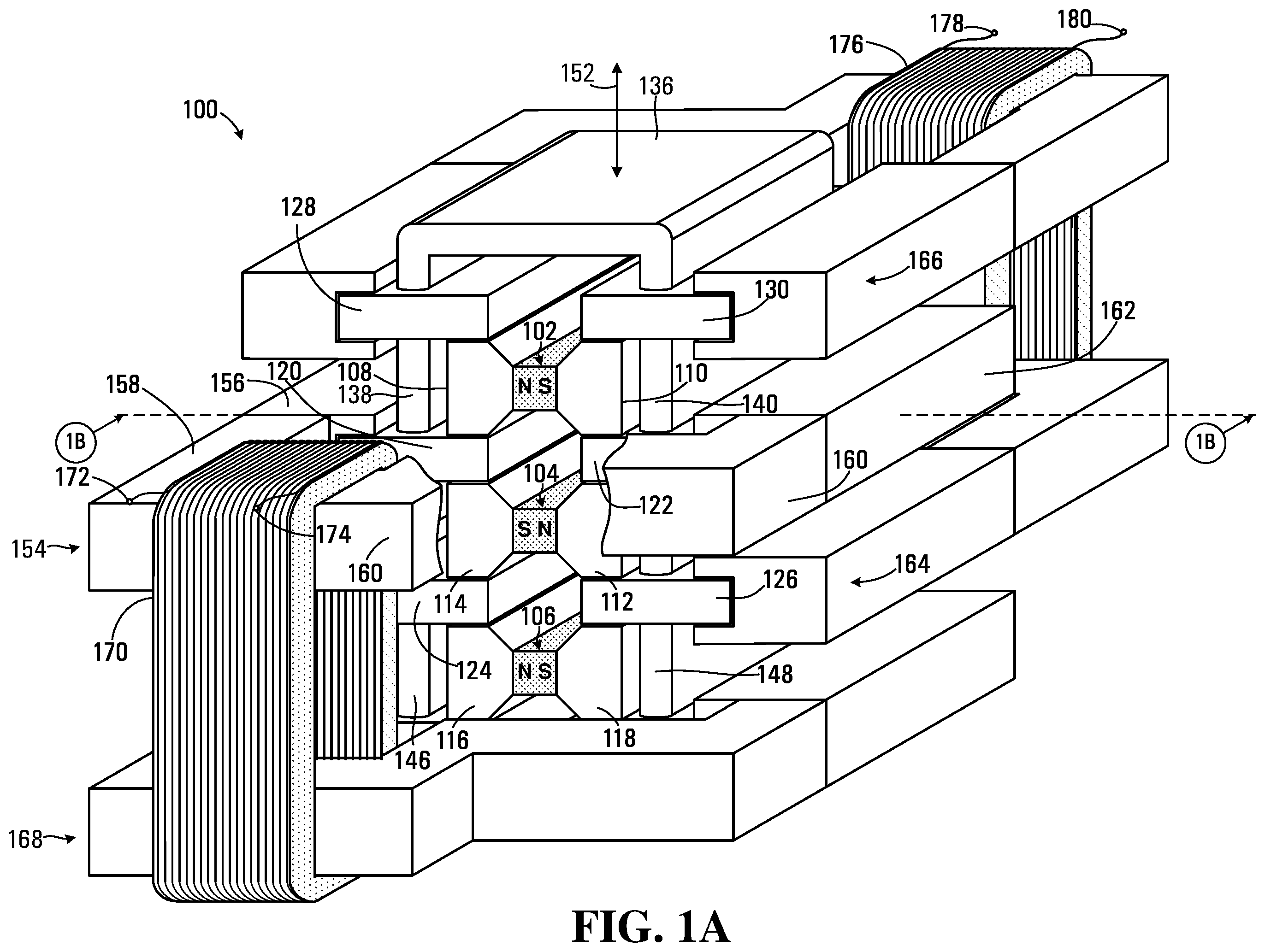 Patent US12142984 — Transducer apparatus having magnetic flux generators with pole pieces, reciprocators and closing pieces for channeling magnetic flux — Figure 1