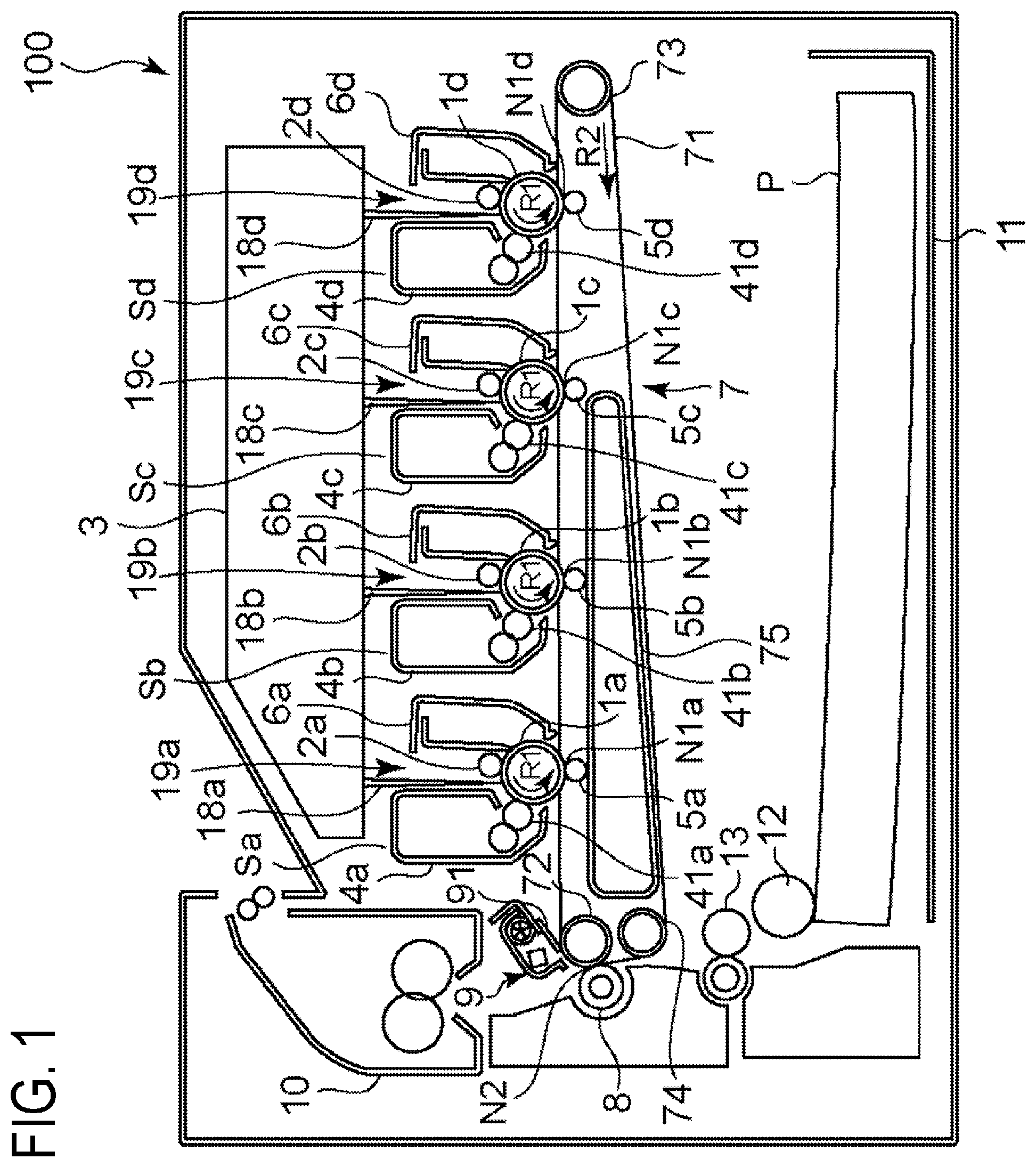 Patent US12147173 Figure 1 – Transfer unit, image forming apparatus, and method for manufacturing transfer unit, with end seal member abutting against cleaning blade and intermediate transfer belt that abut against each other
