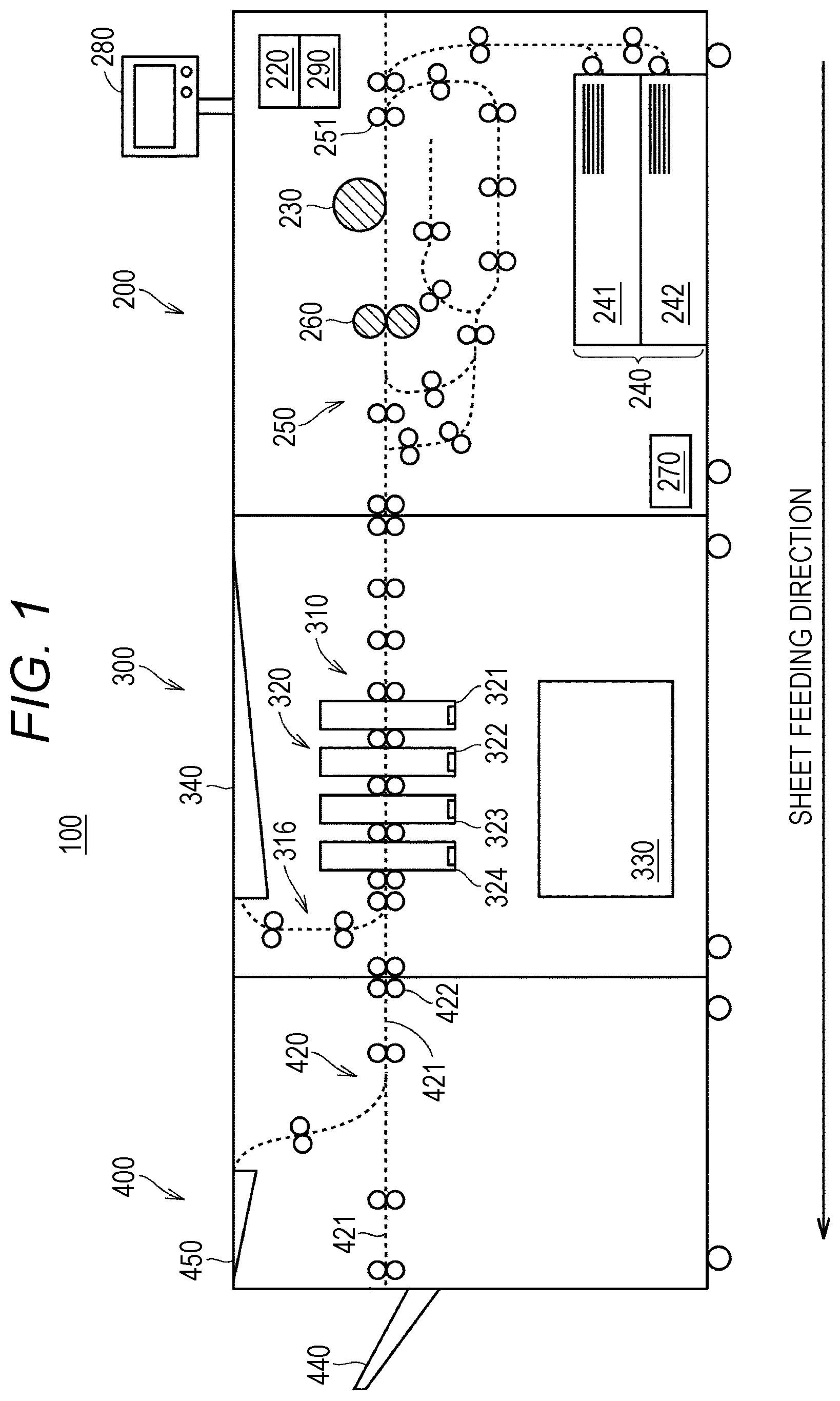 Patent US12147185 — Image forming system including cutting processor that cuts sheets in accordance with different conditions — Figure 1
