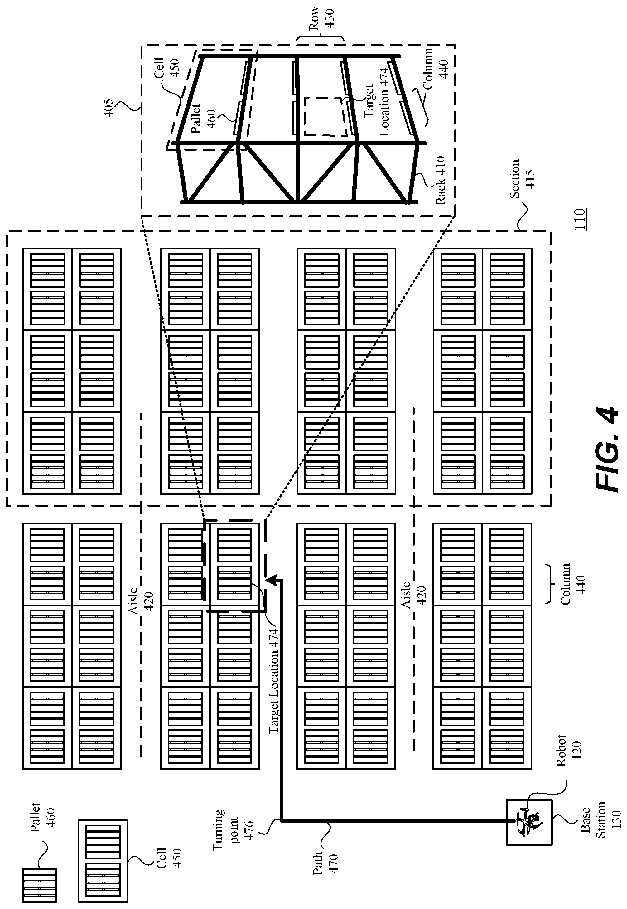 Patent US12147243 Figure 4 – Autonomous robotic navigation in storage site