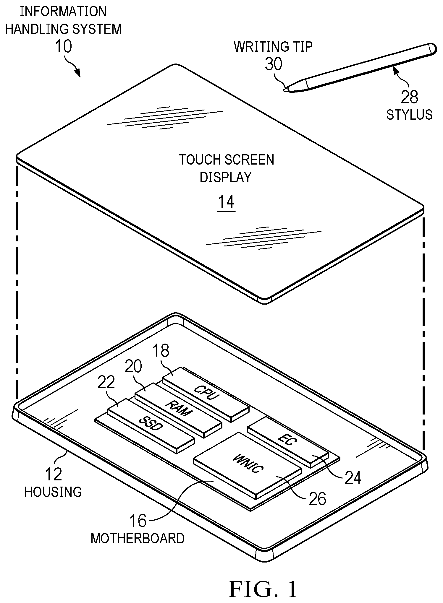 Patent US12147615 — Information handling system stylus body with flexible button actuator — Figure 1
