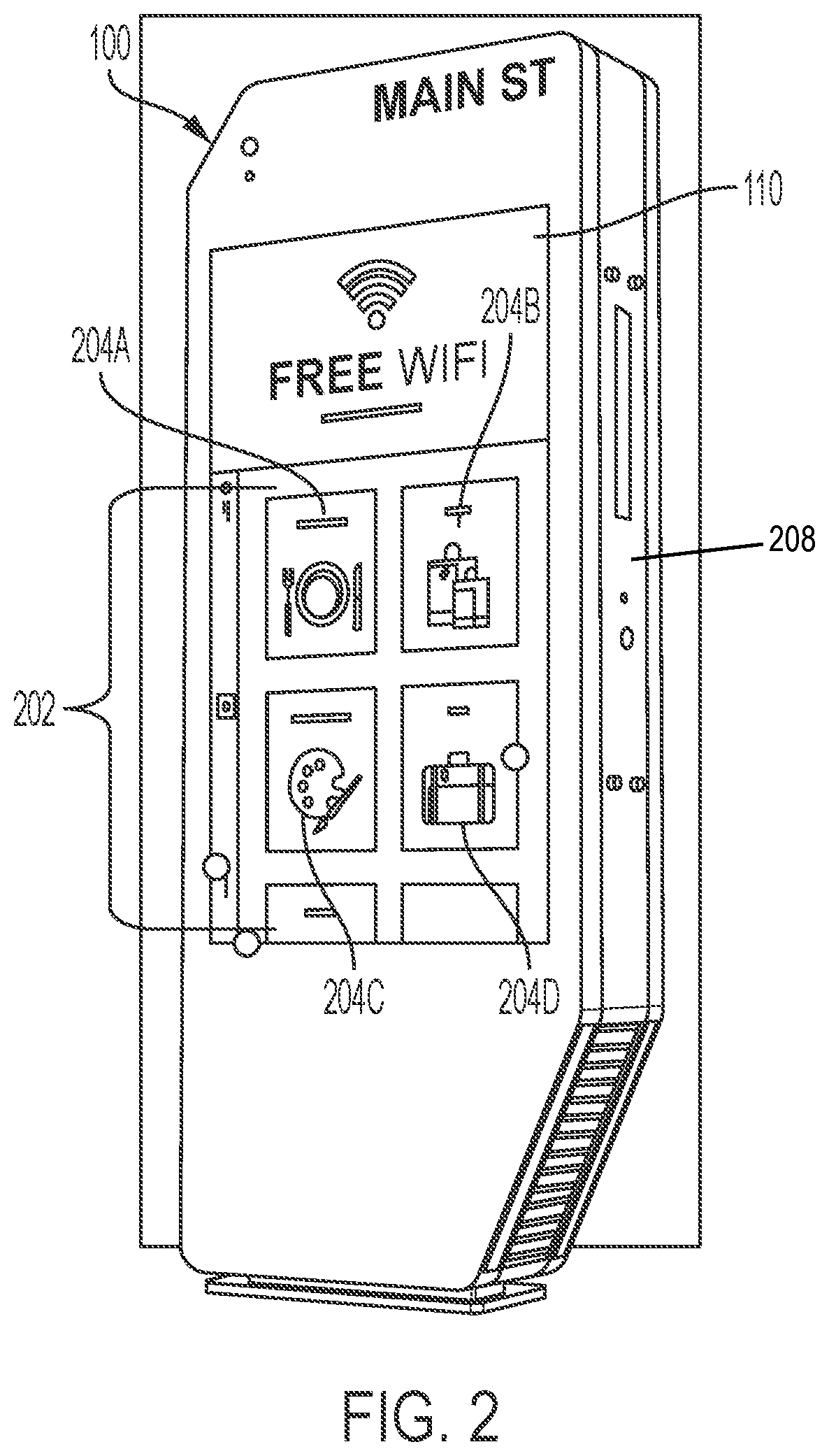 Patent US12147724 Figure 2 – Interactive kiosk with dynamically updated ticker