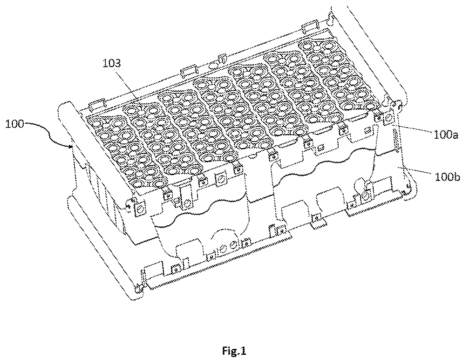 Patent US12155077 Figure 1 – Interconnecting structure for energy storage cells in an energy storage device