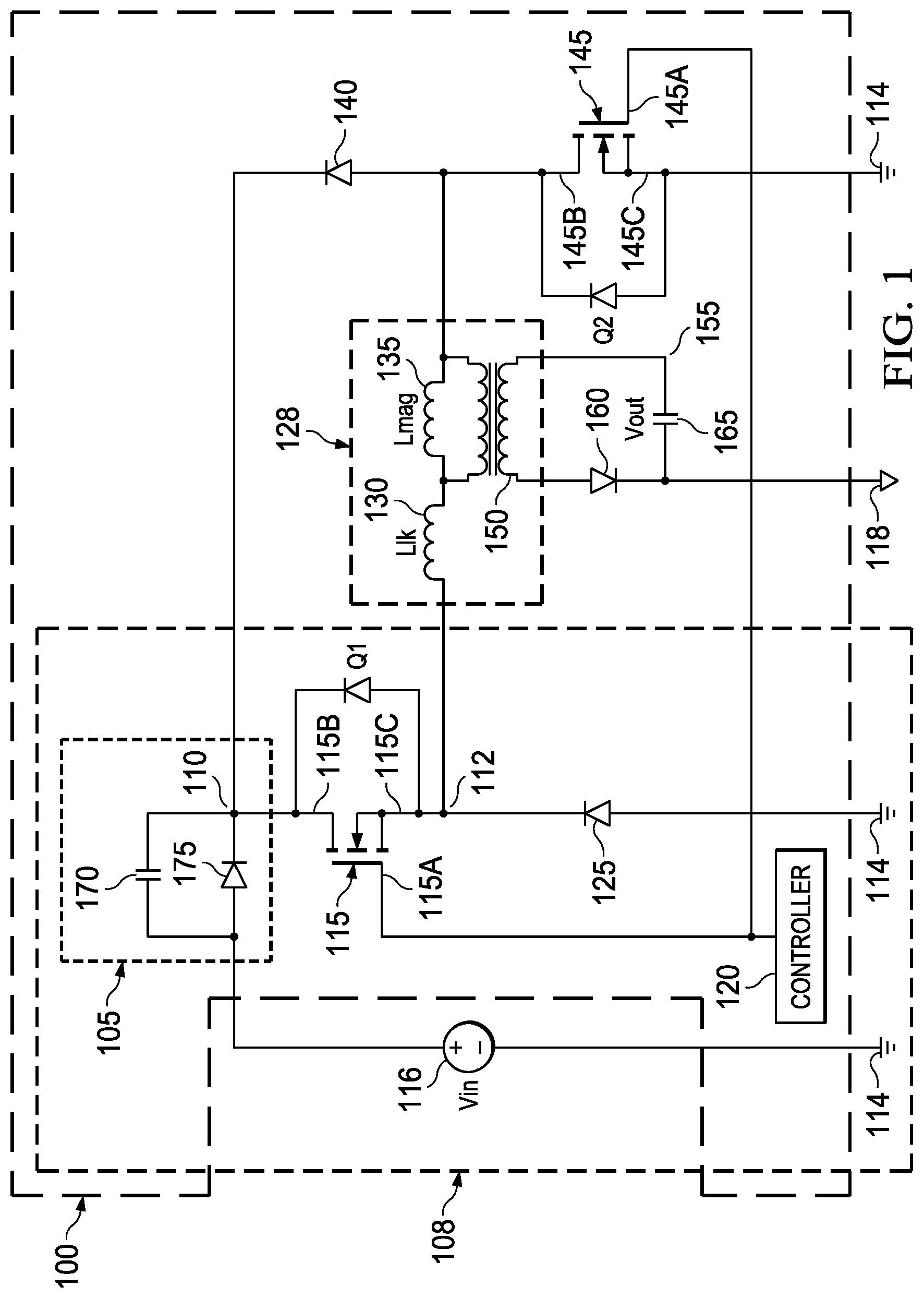 Patent US12155314 — Methods and apparatus to increase an operational range of a duty cycle of a two-switch flyback converter — Figure 1
