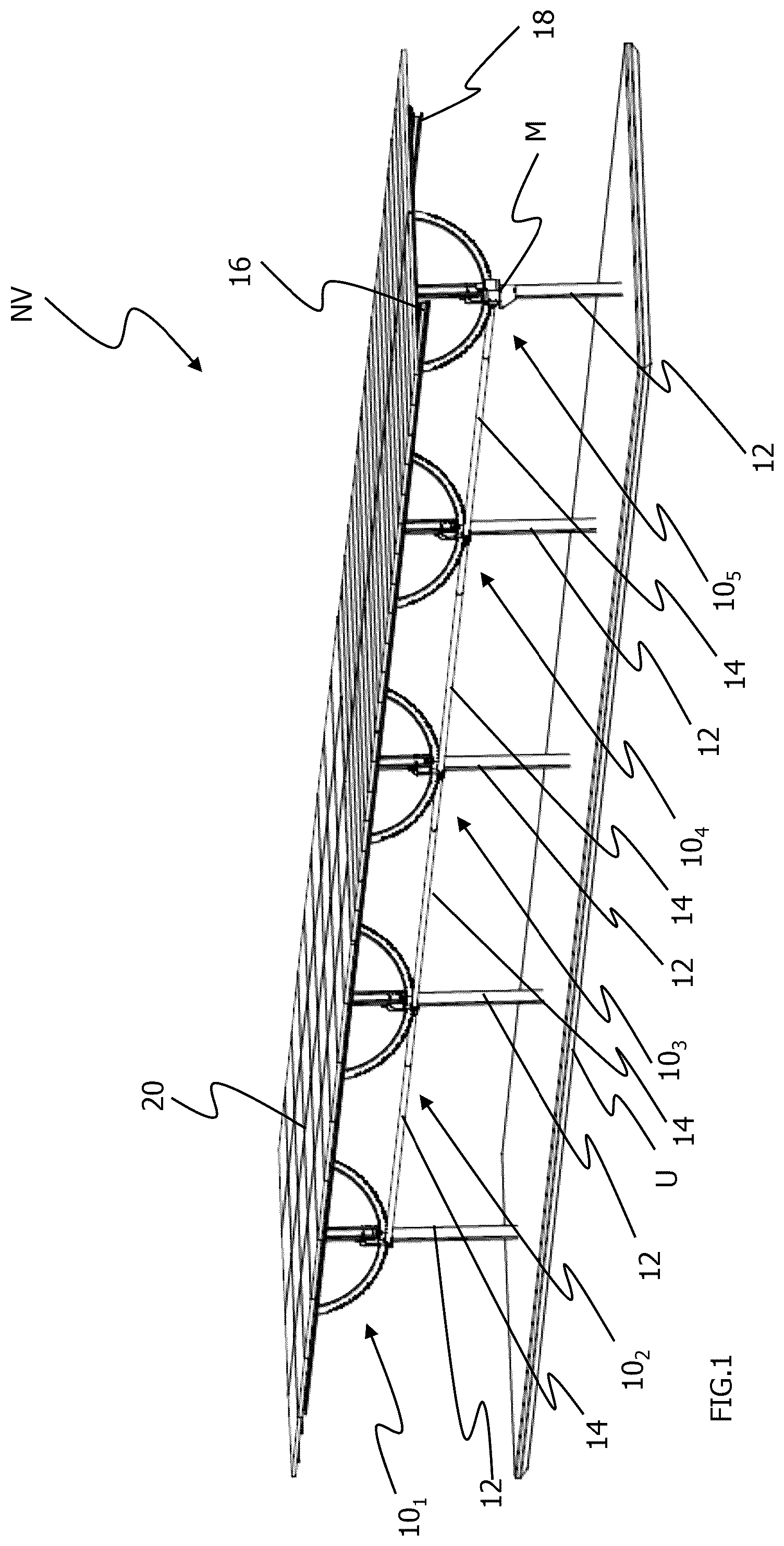 Patent US12155345 Figure 1 – Pivoting unit for a tracking apparatus for solar modules