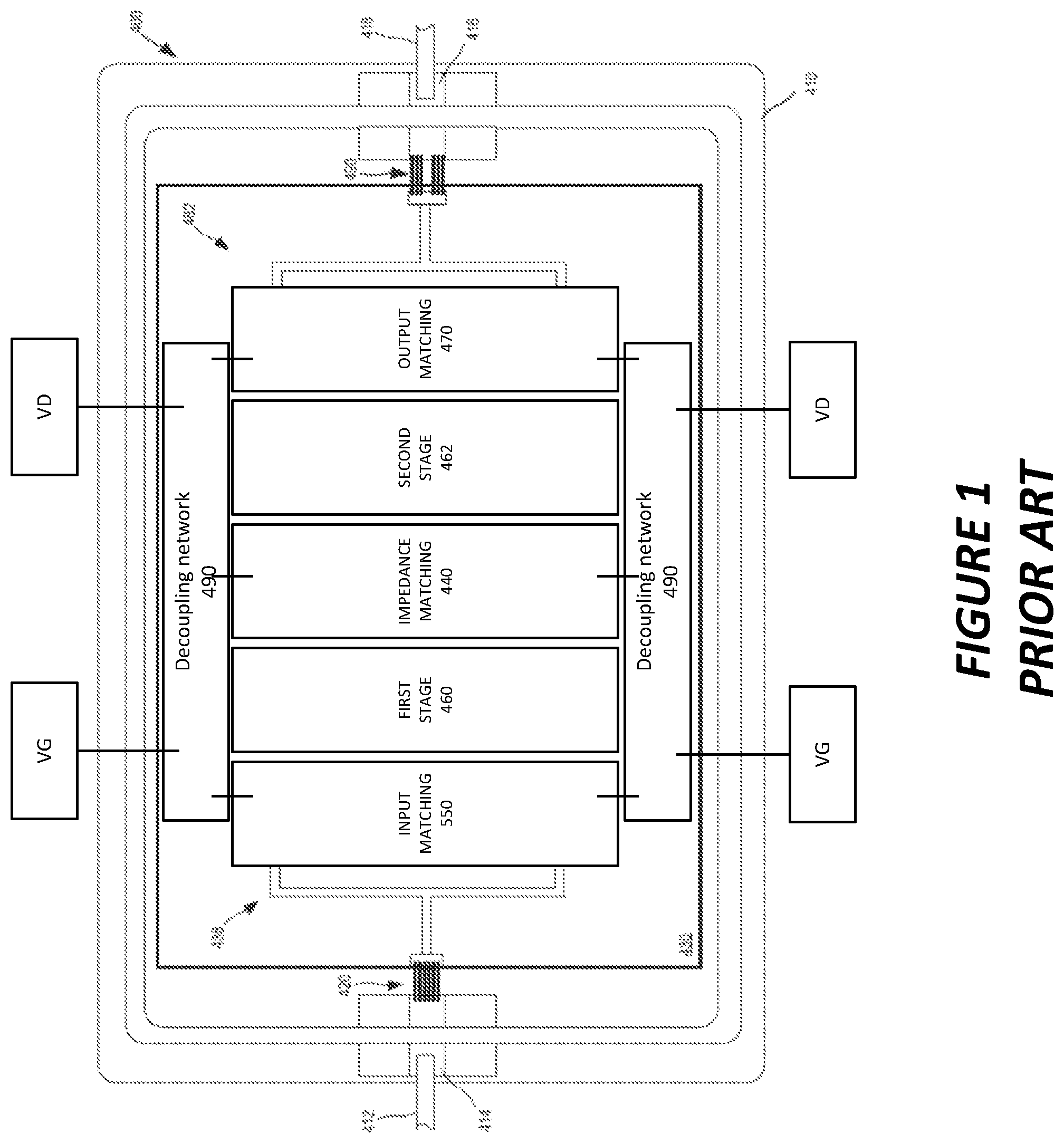 Patent US12155356 Figure 1 – Monolithic microwave integrated circuit device with internal decoupling capacitor