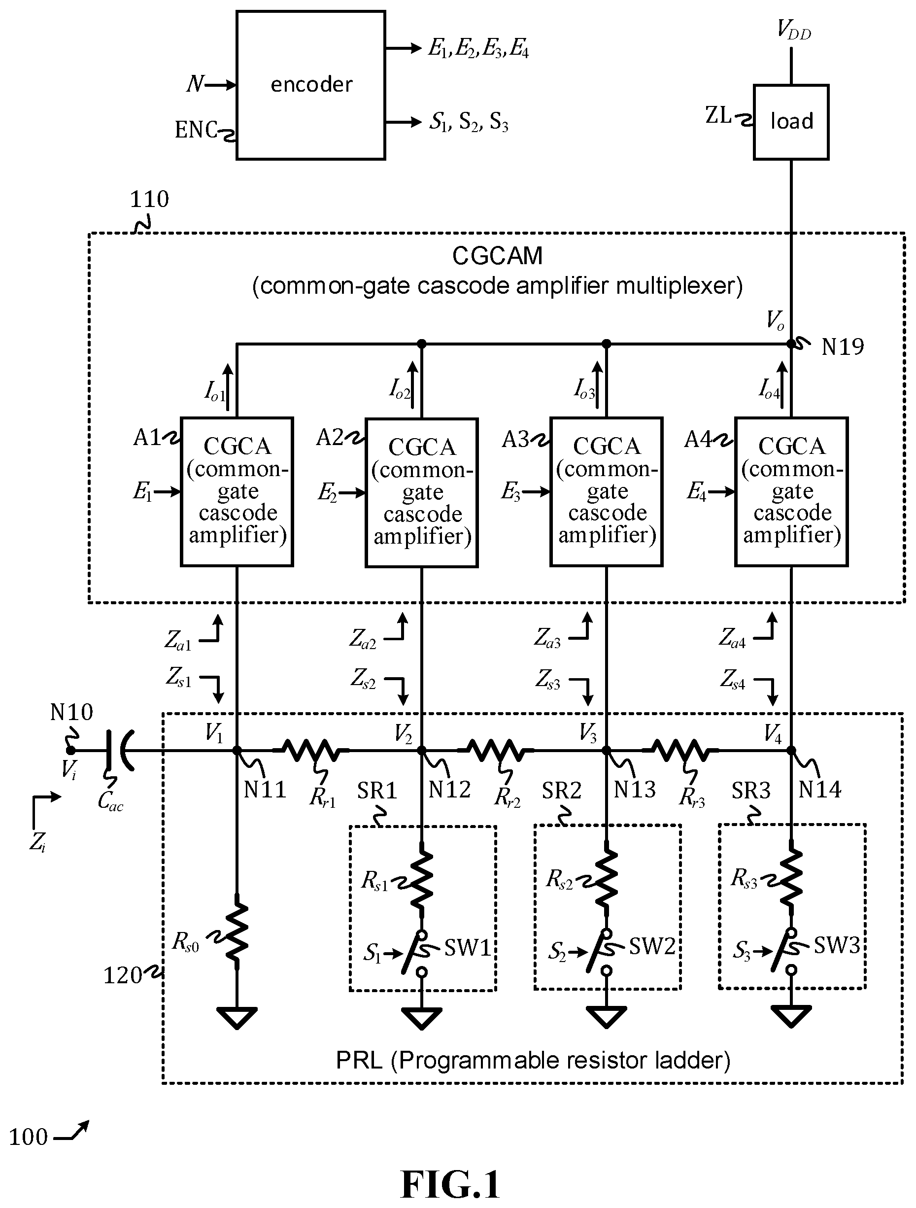 Patent US12155360 — Programmable gain amplifier with impedance matching and reverse isolation — Figure 1