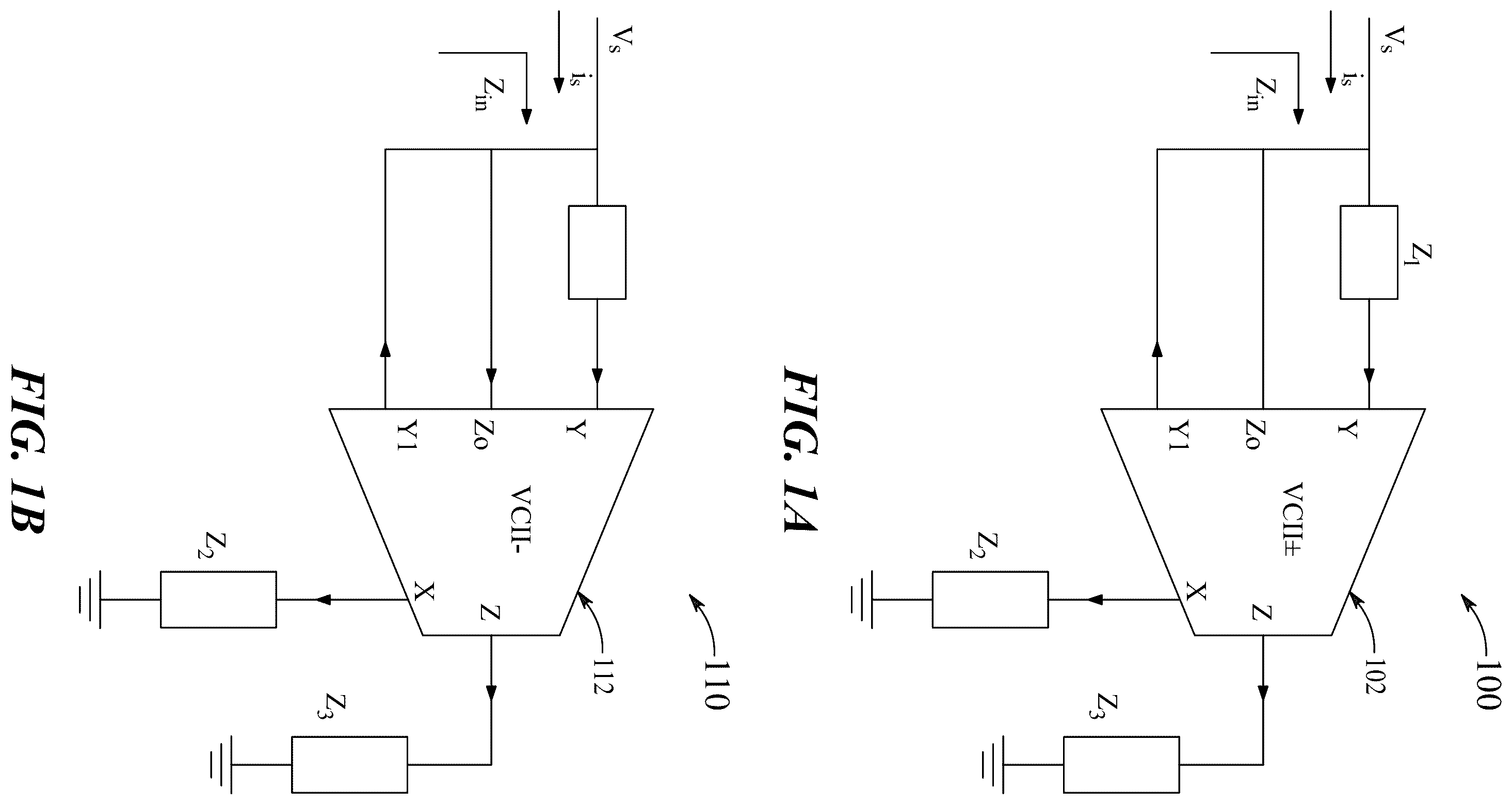 Patent US12155361 — VCII based tunable positive and negative impedance simulator and impedance multiplier — Figure 1