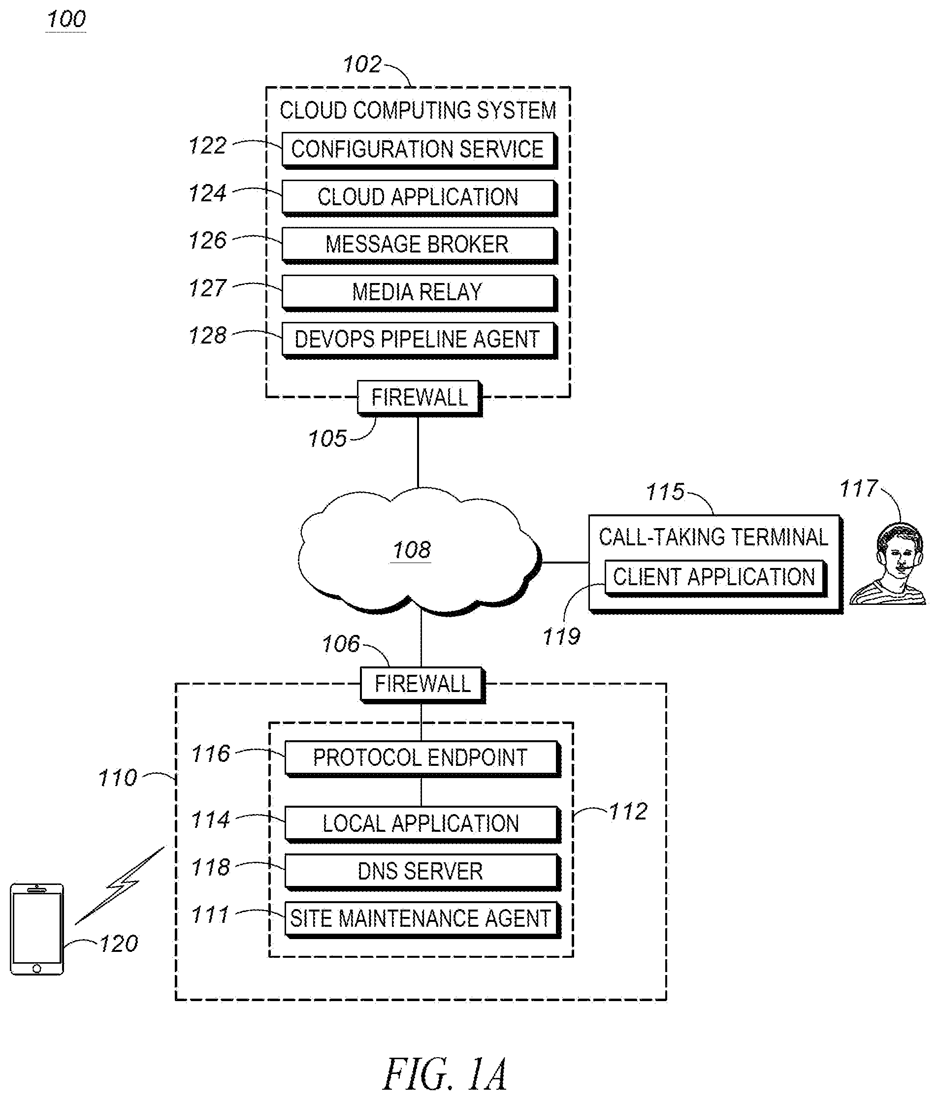 Patent US12155728 — System for connecting cloud-based emergency call systems with private emergency services networks — Figure 1