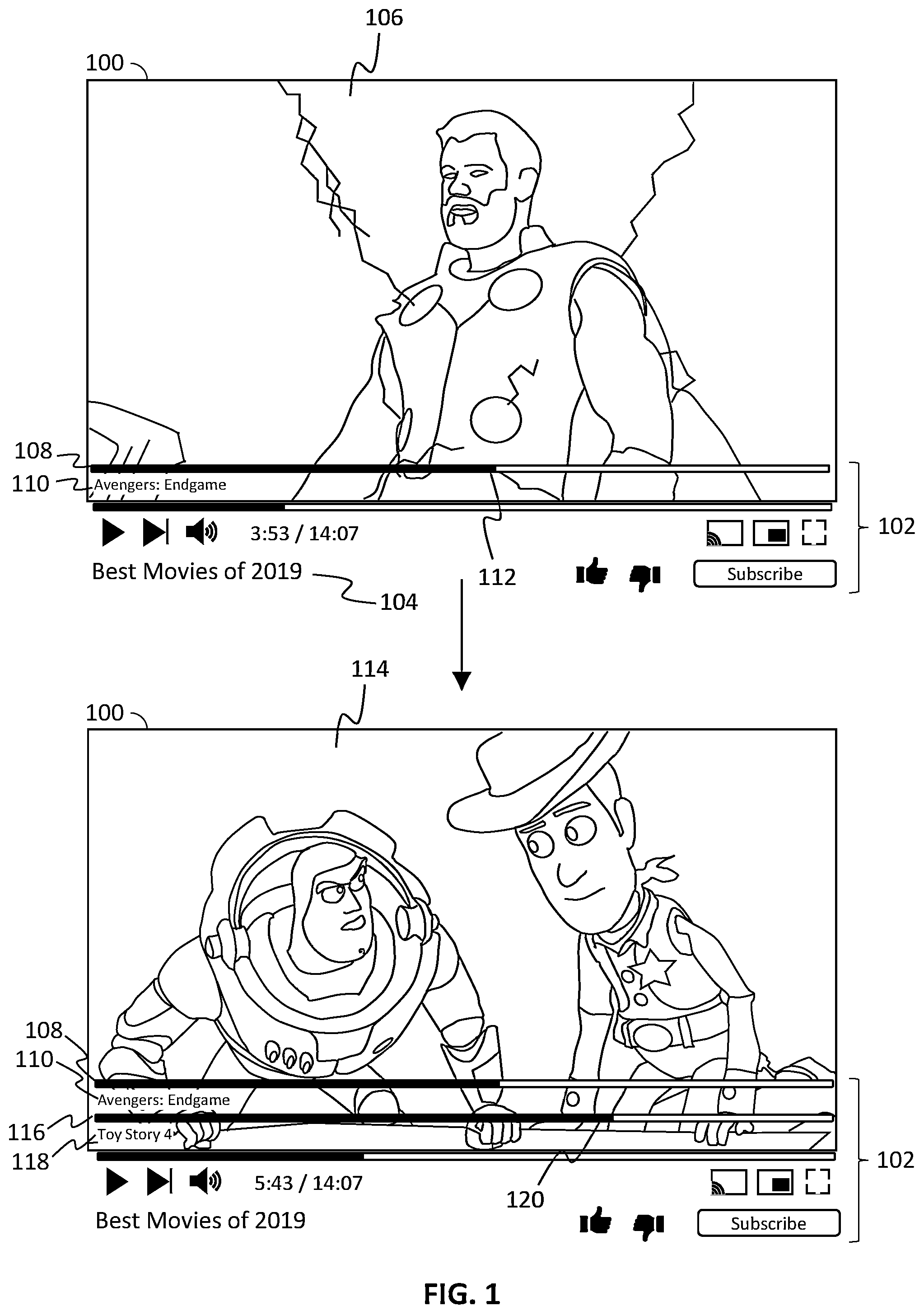 Patent US12155904 — Systems and methods for recommending content using progress bars — Figure 1