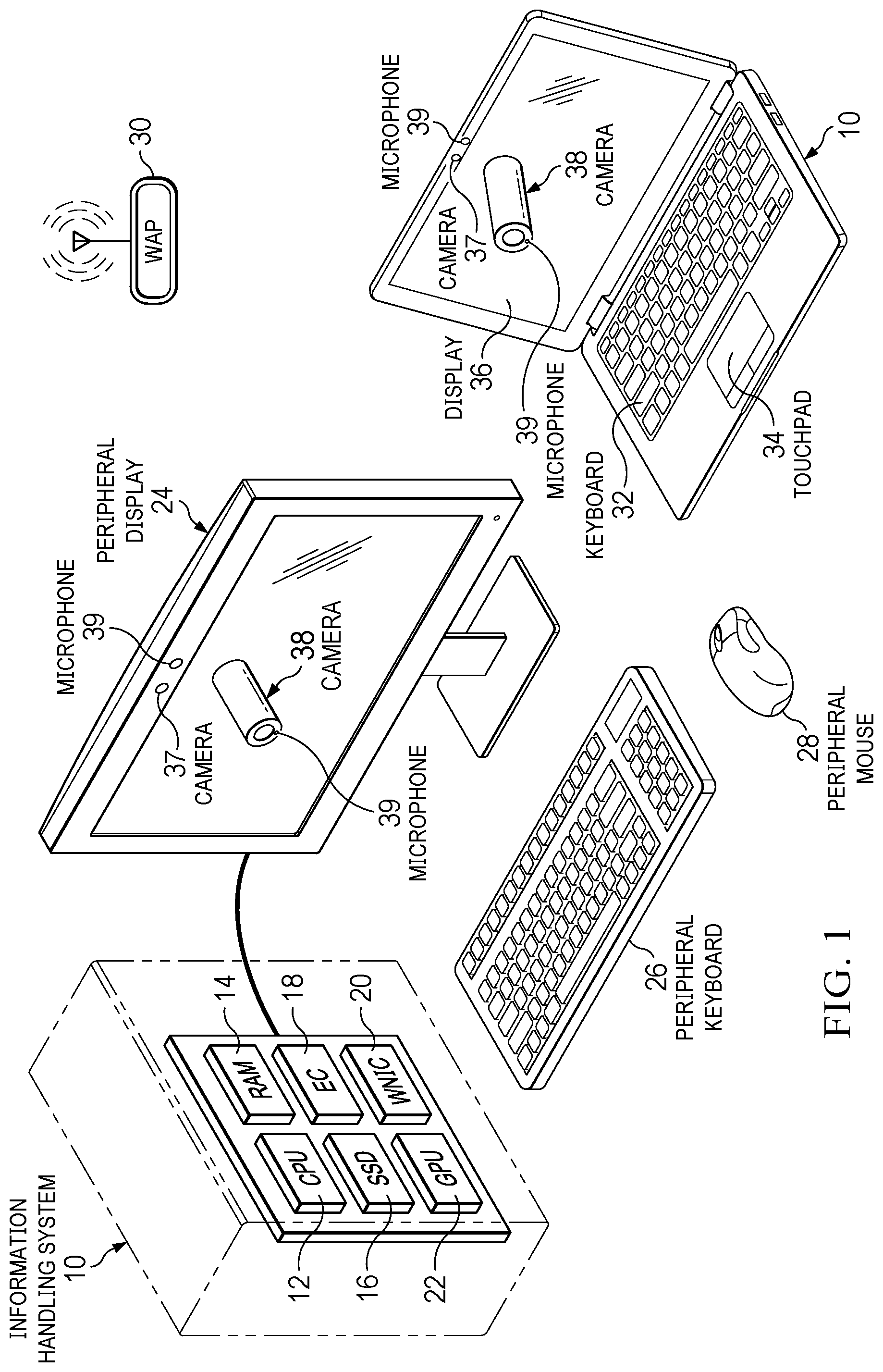 Patent US12155940 Figure 1 – Information handling system peripheral camera with magnetic coupling and display illumination adjustment
