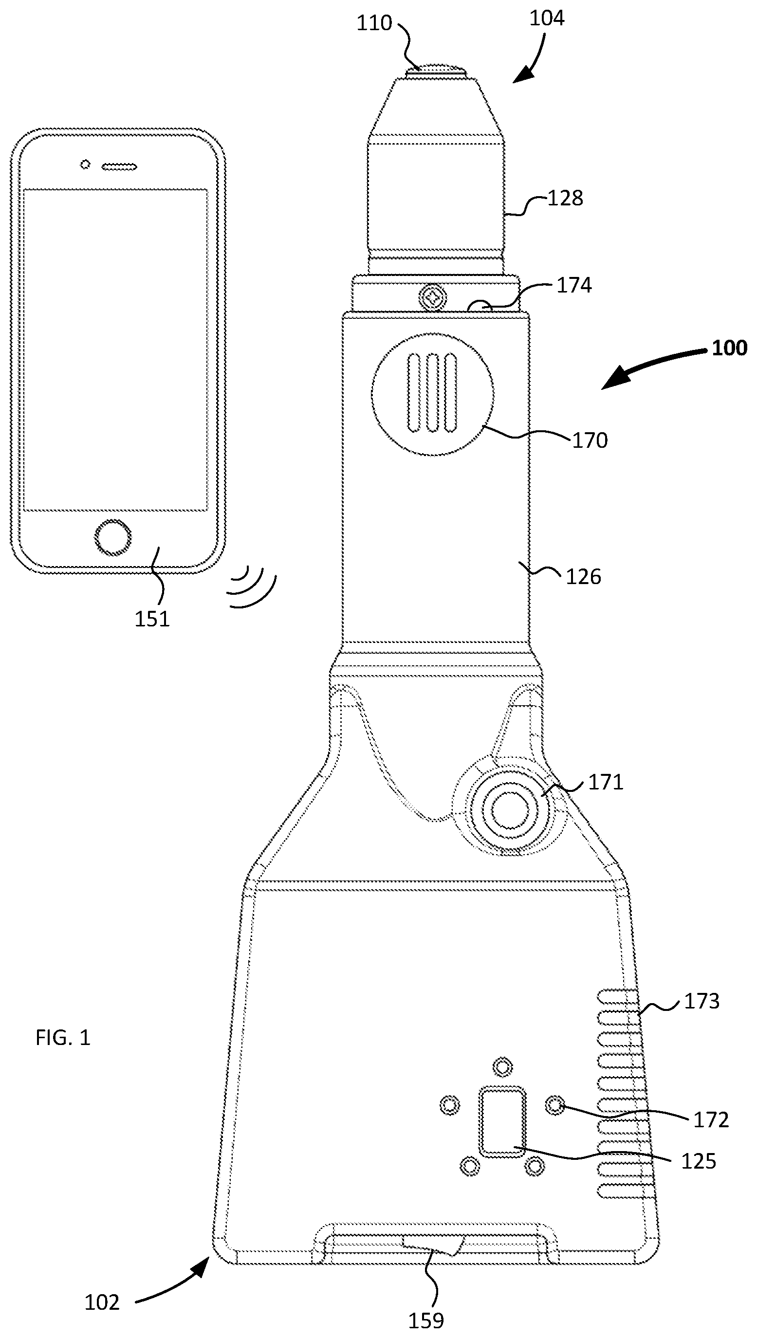 Patent US12157017 — Personal use extracorporeal low intensity shock wave device enhanced user features and functions — Figure 1