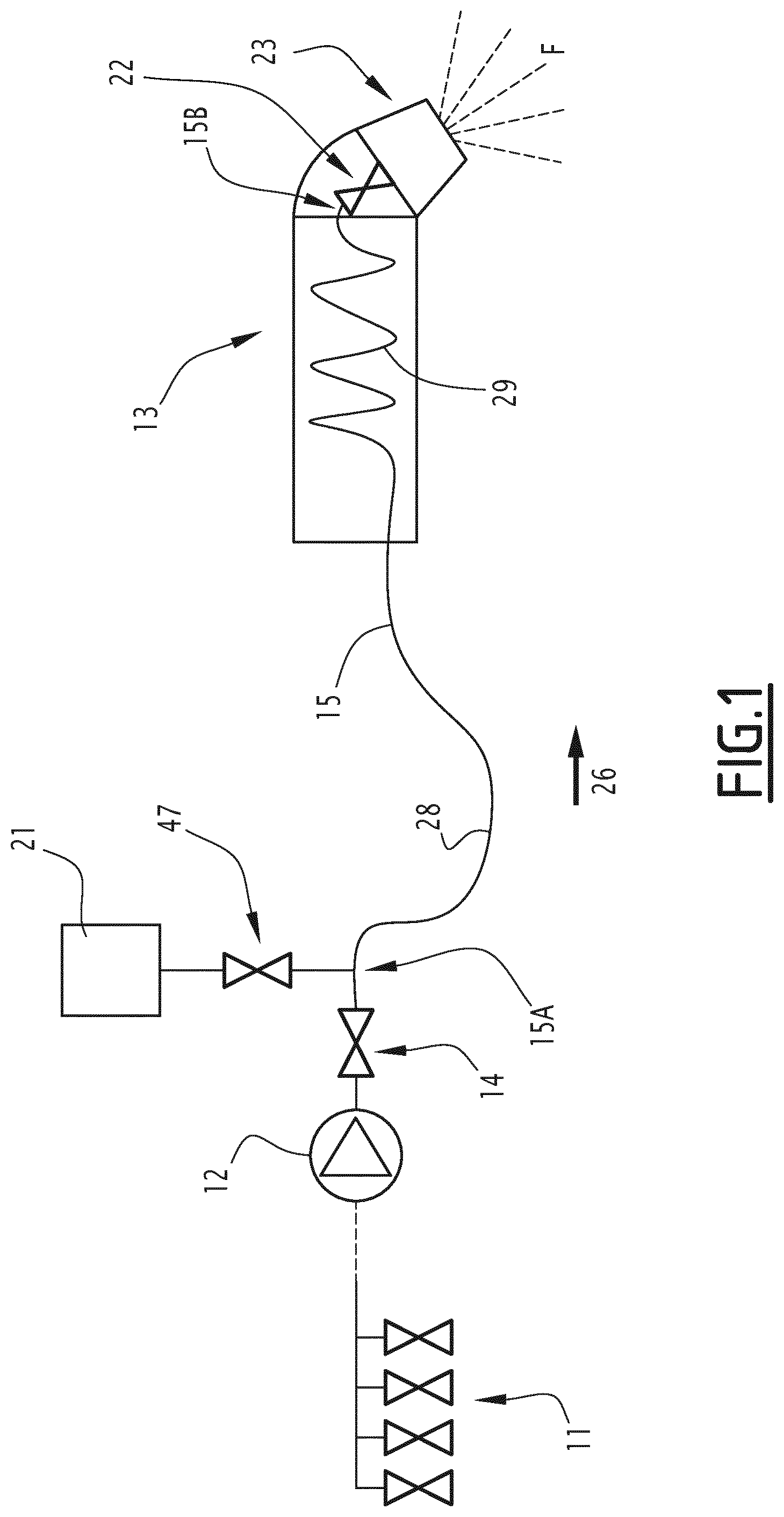 Patent US12157133 — Fluid spraying facility and method for moving an associated fluid — Figure 1