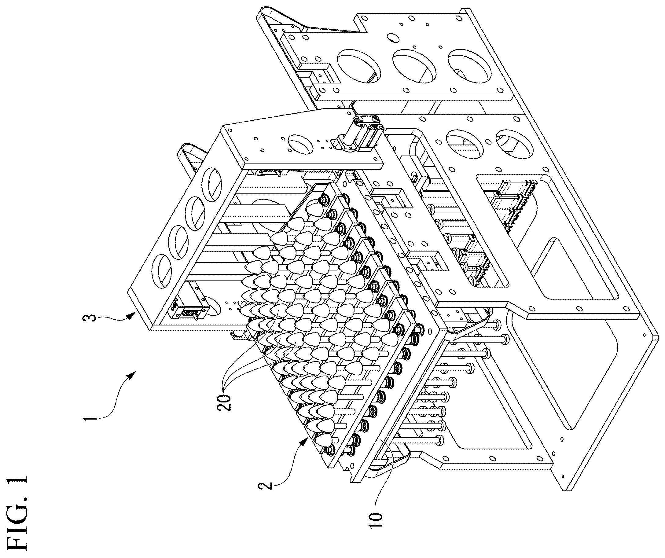 Patent US12157193 — Multi-product pallet device, control system for multi-product pallet device, displacement-restricting mechanism, and conforming mechanism — Figure 1