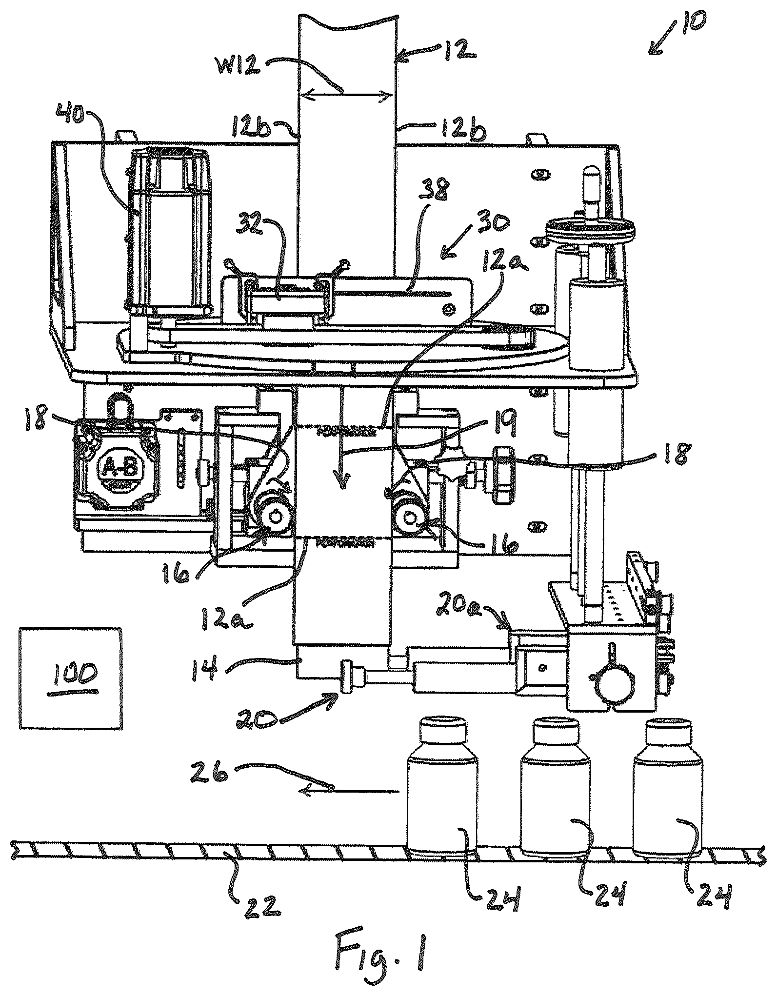 Patent US12157246 — Machine and method for applying tubular shrink sleeve material to objects — Figure 1