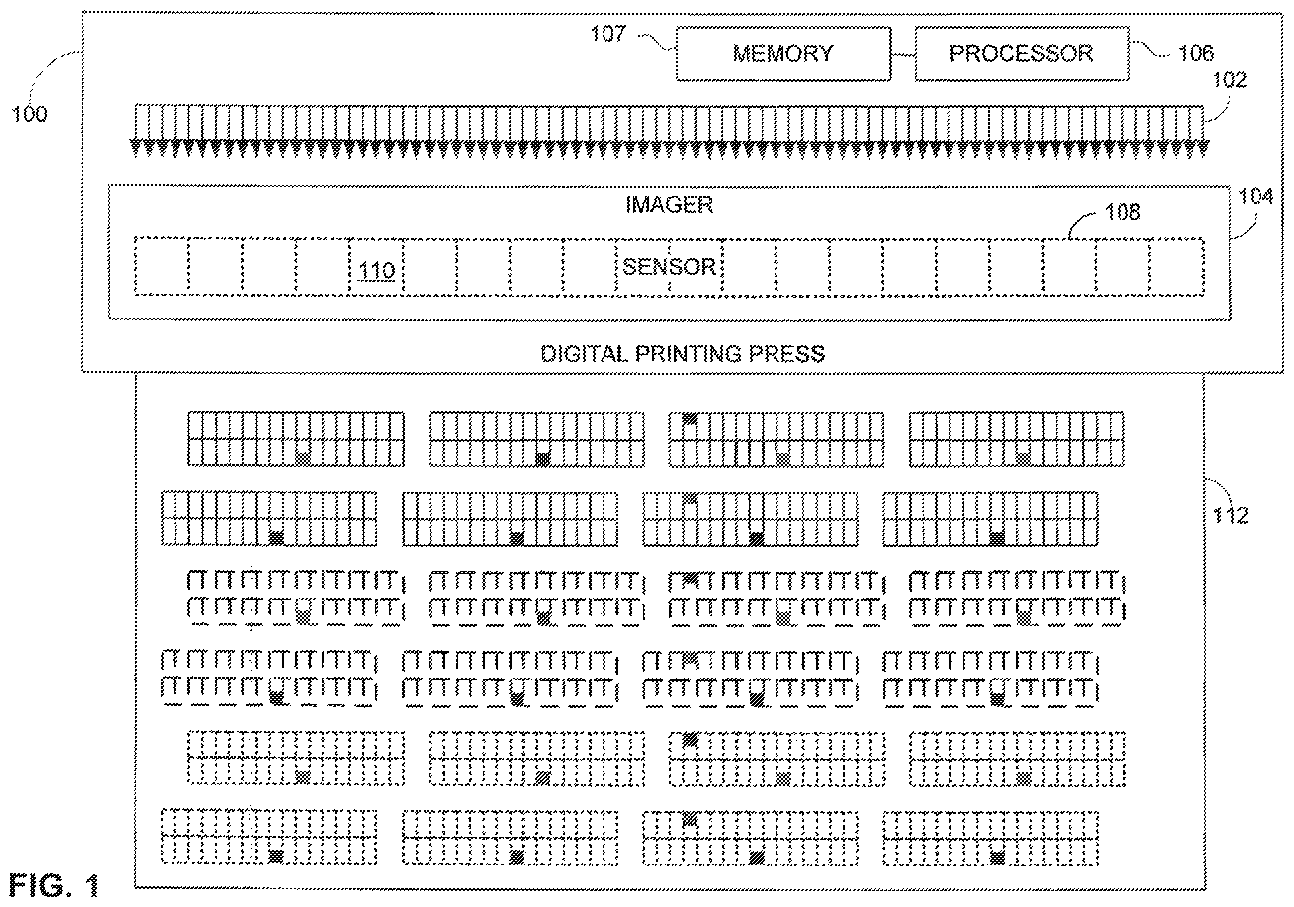 Patent US12157322 — Method, system and patterns for aligning print-heads in a digital printing press — Figure 1