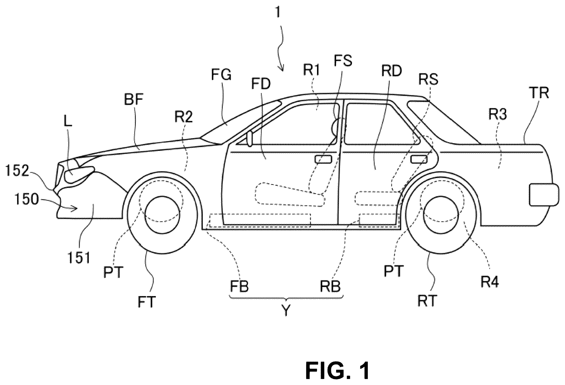 Patent US12157425 — Vehicle-body front structure having a front portion to protect pedestrians in a collision — Figure 1