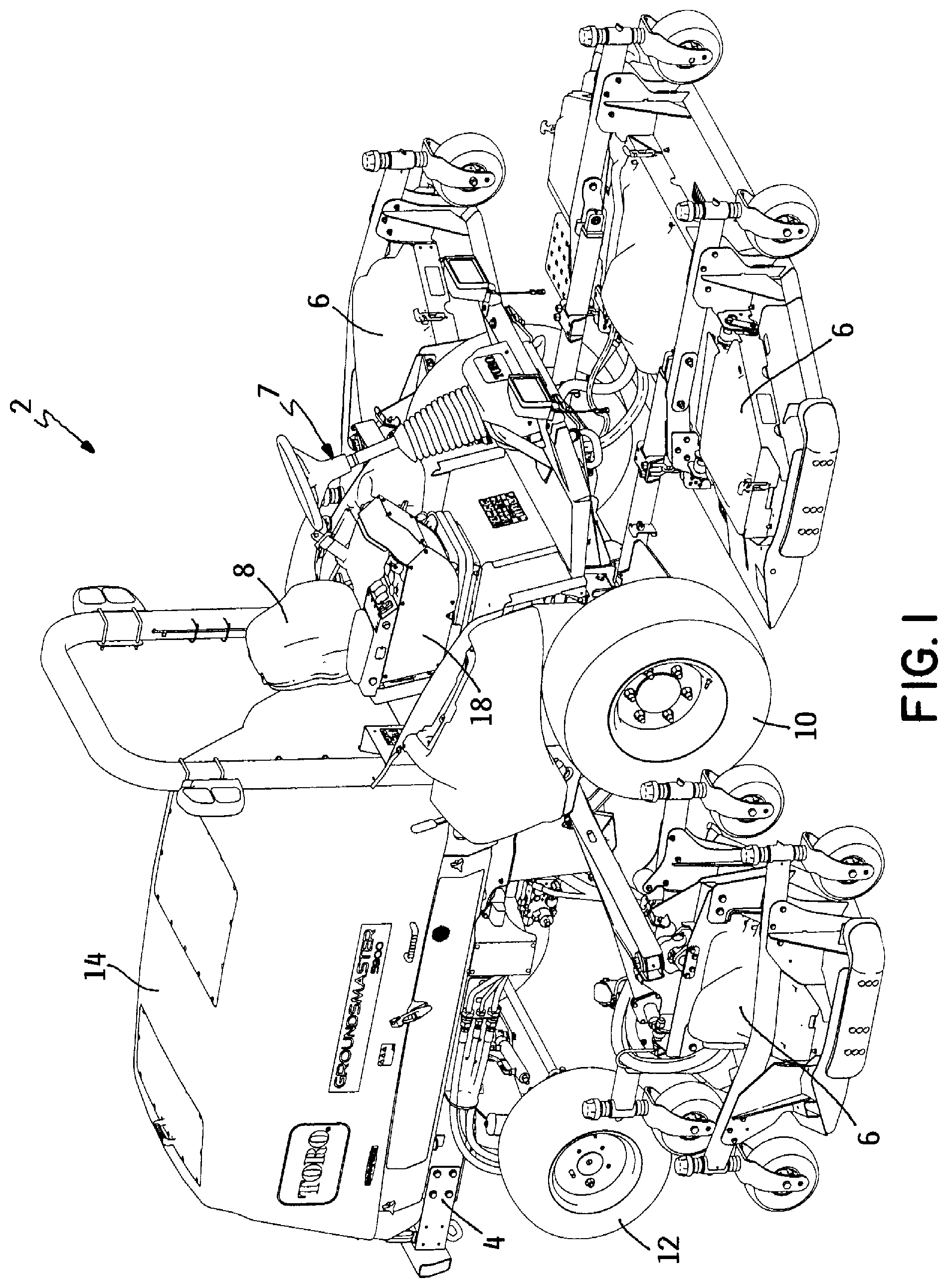 Patent US12157443 Figure 1 – Auxiliary brake system for outdoor grounds maintenance vehicles having hydrostatic traction drive systems