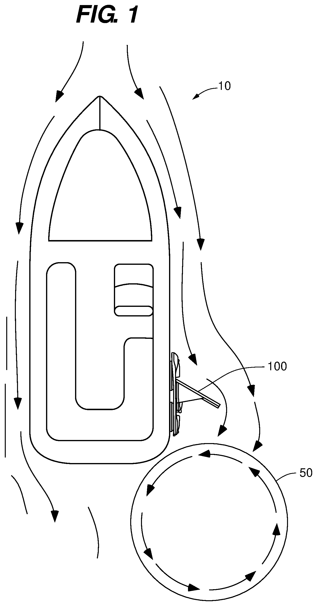 Patent US12157543 Figure 1 – Adjustable water flow deflection device for a watercraft and methods of use