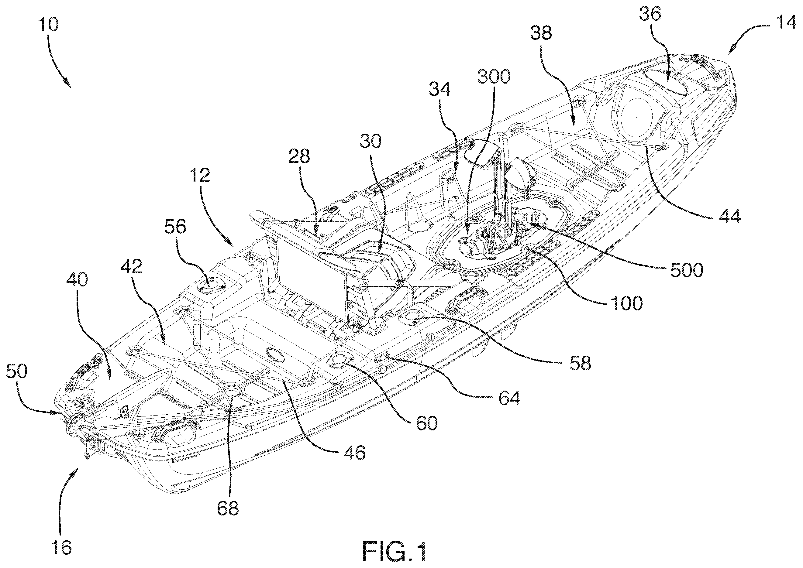 Patent US12157549 — Watercraft having an interface for mounting a propulsion mechanism — Figure 1