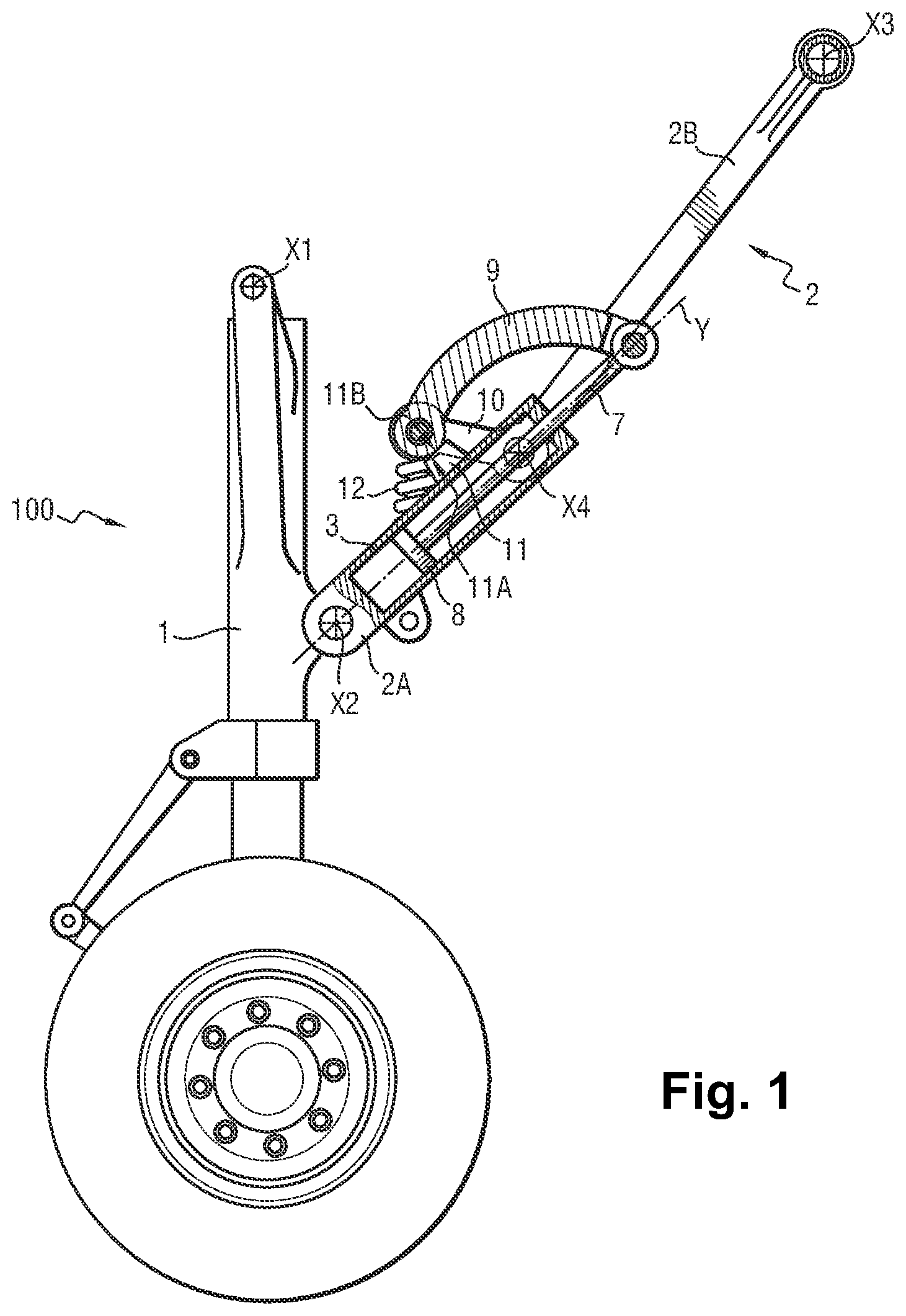 Patent US12157557 — Retractable aircraft landing gear provided with a strut having an integrated actuator — Figure 1