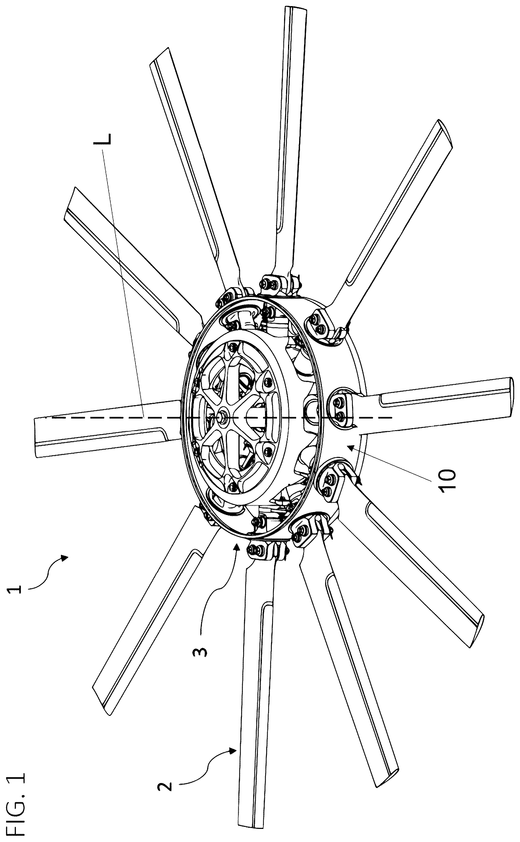 Patent US12157563 — Connection between a pitch control unit arm and a pitch horn — Figure 1