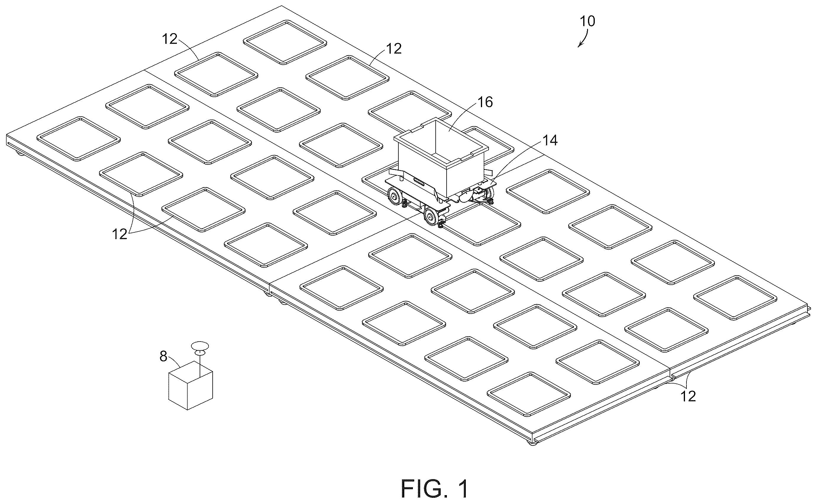 Patent US12157632 — Discontinuous grid system for use in systems and methods for processing objects including mobile matrix carrier systems — Figure 1