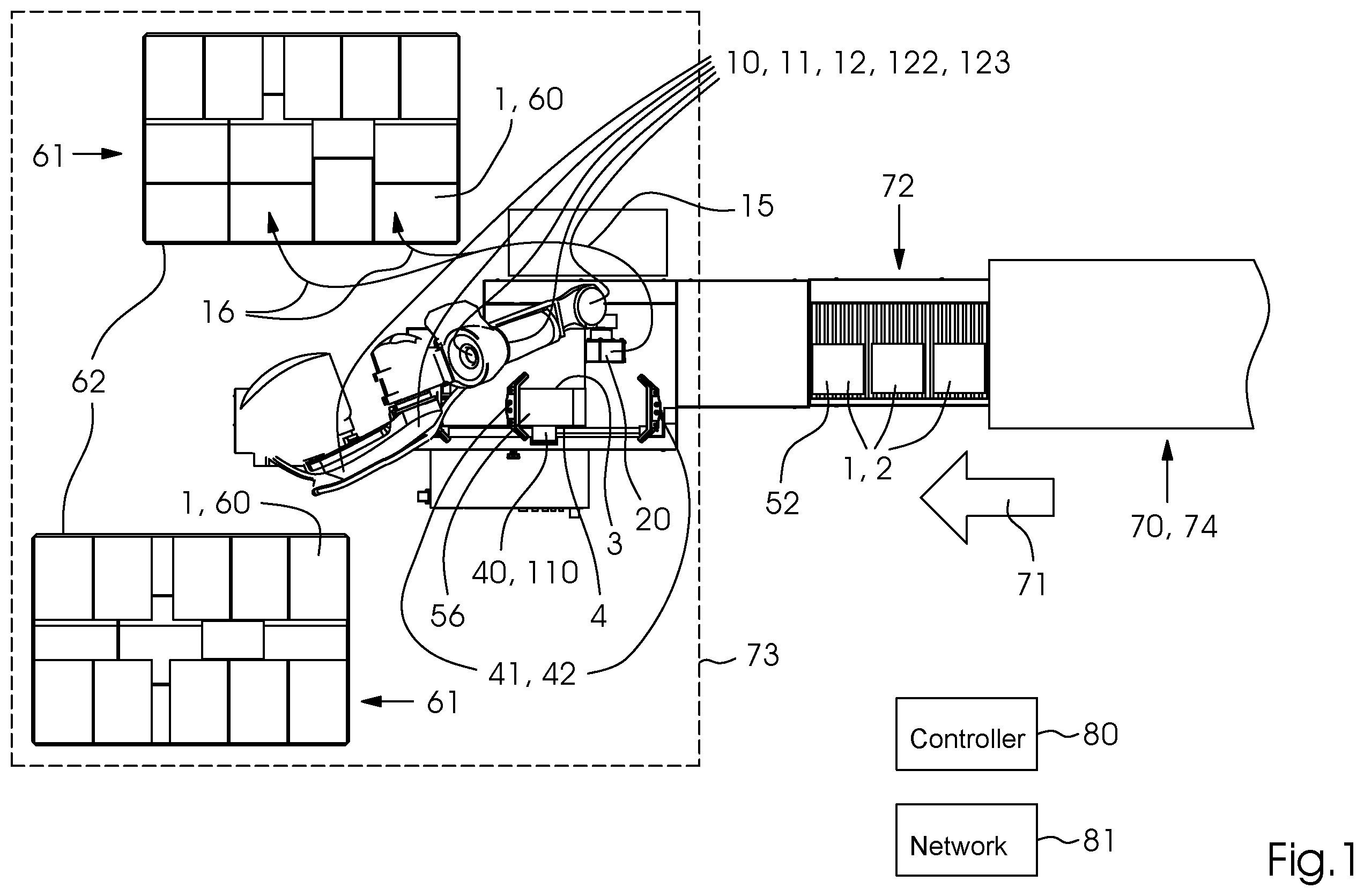 Patent US12157643 Figure 1 – Method of moving a stack of products using a robot