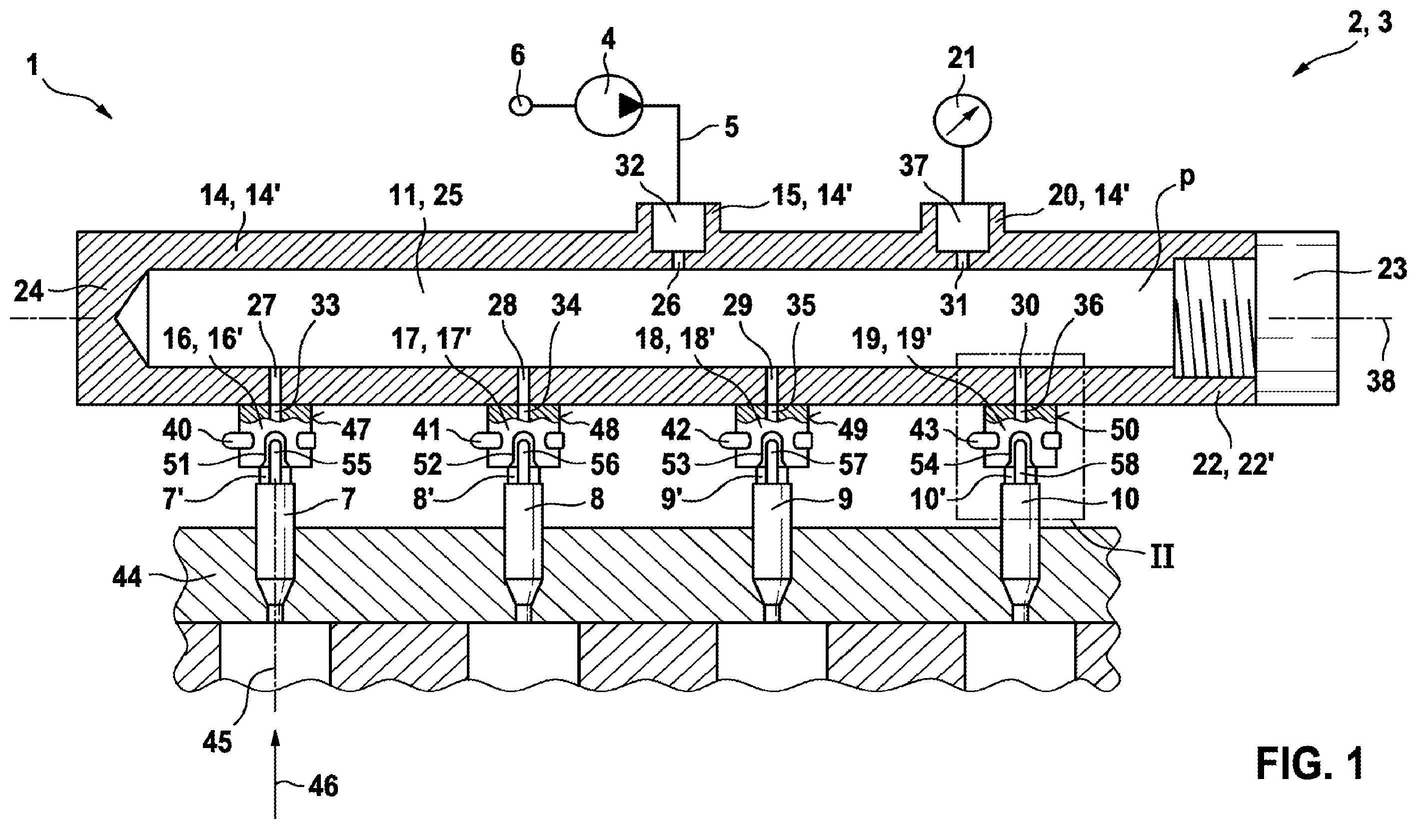 Patent US12158129 — Fuel distributor rail for an injection system and injection system for mixture-compressing, spark ignition internal combustion engines — Figure 1