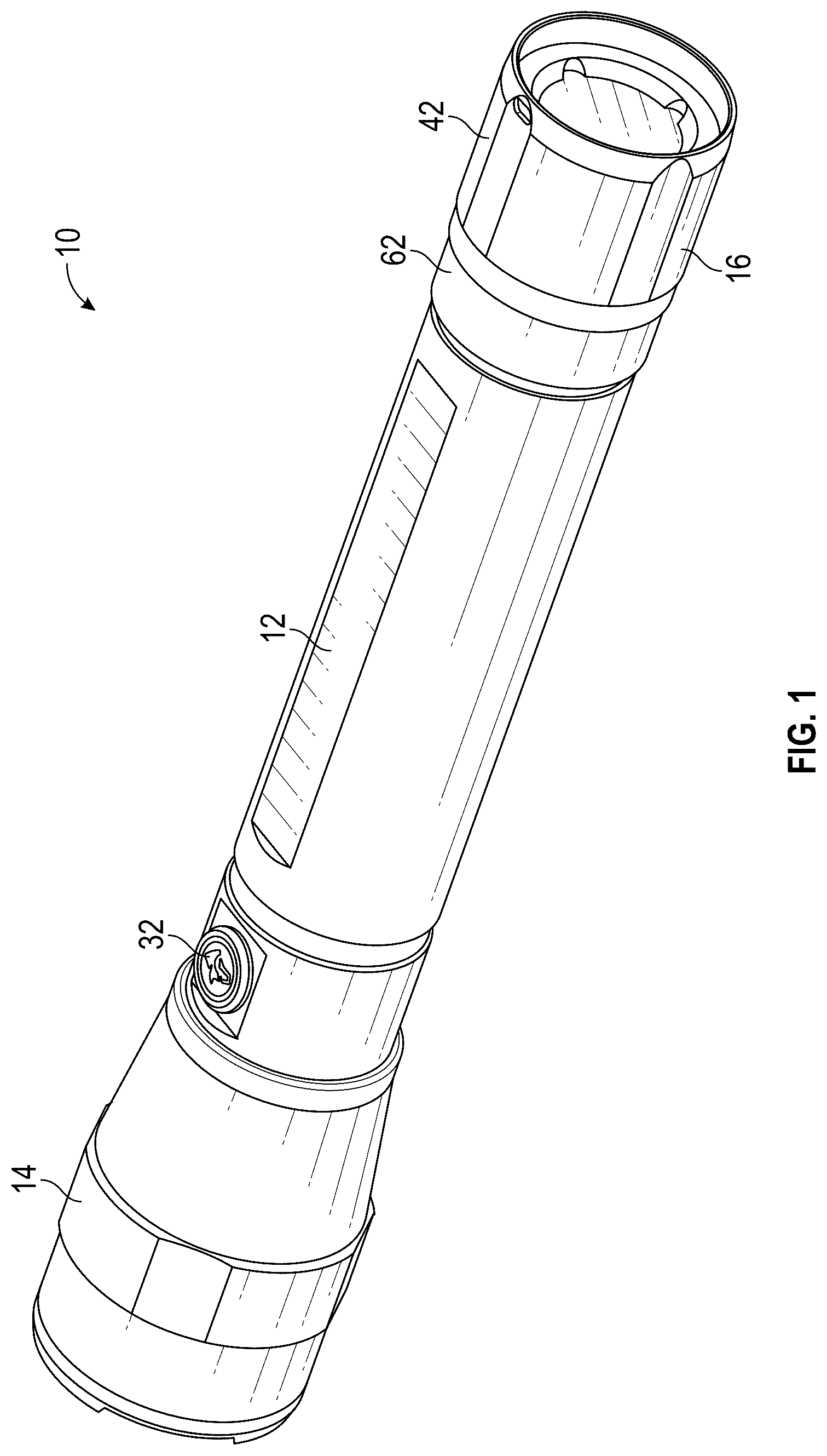 Patent US12158249 Figure 1 – Flashlight with rechargeable battery assembly