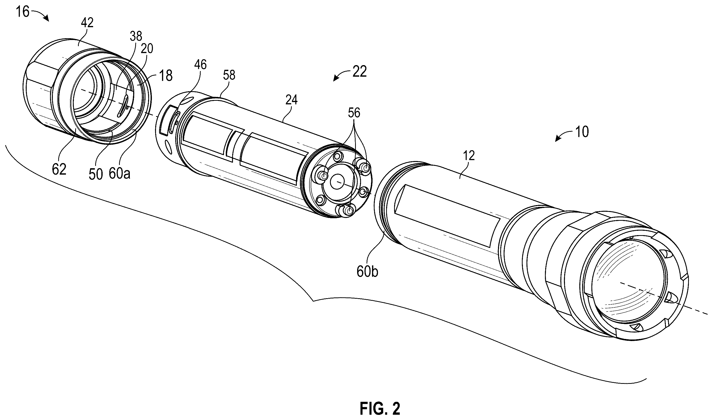 Patent US12158249 Figure 2 – Flashlight with rechargeable battery assembly