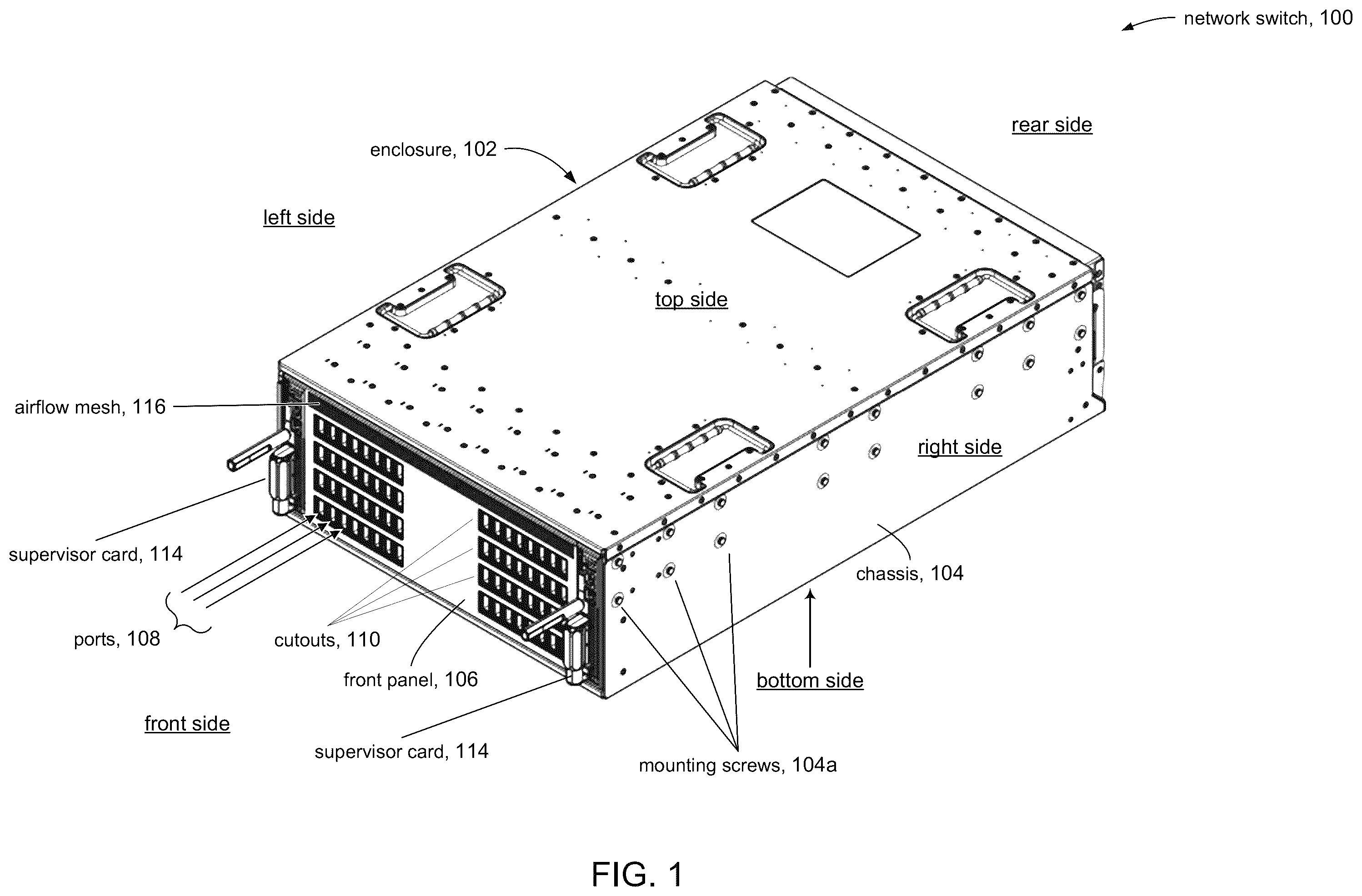 Patent US12158627 — High speed network device with orthogonal pluggable optics modules — Figure 1