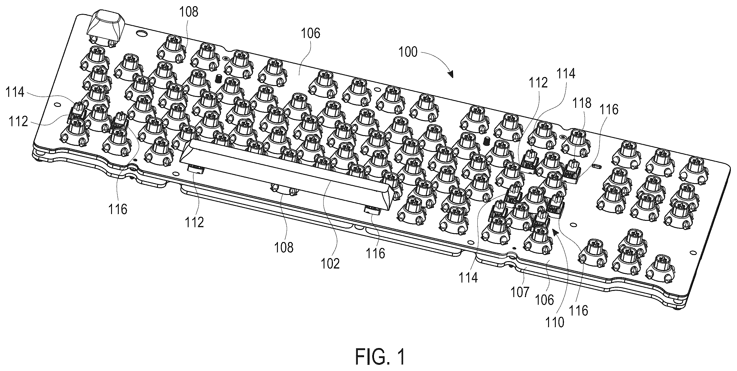 Patent US12165818 Figure 1 – Keyboard having a stabilizer mechanism, key stabilizer mechanism, and method