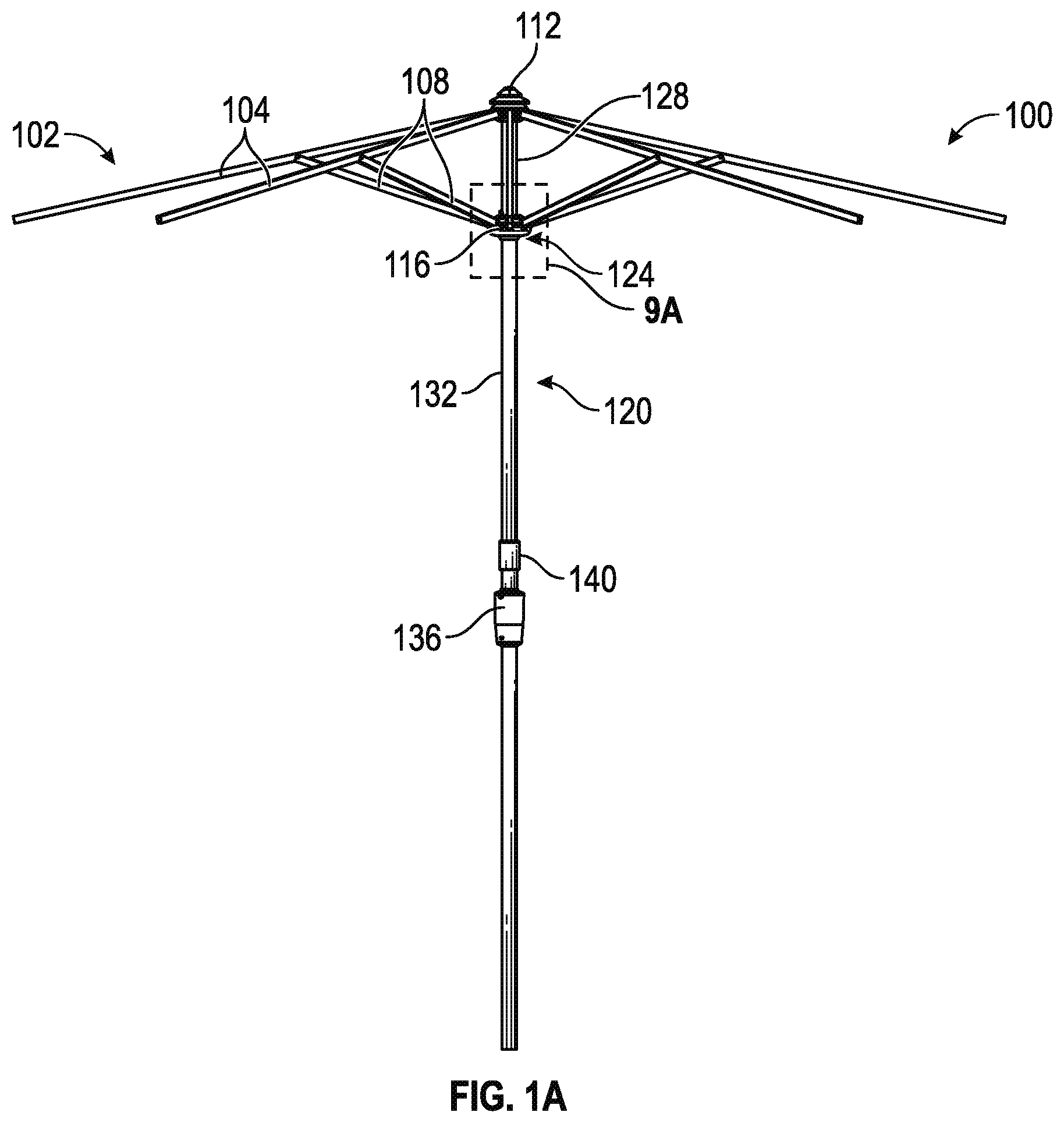 Patent US12167782 — Umbrella with hub reinforced tilt coupling — Figure 1