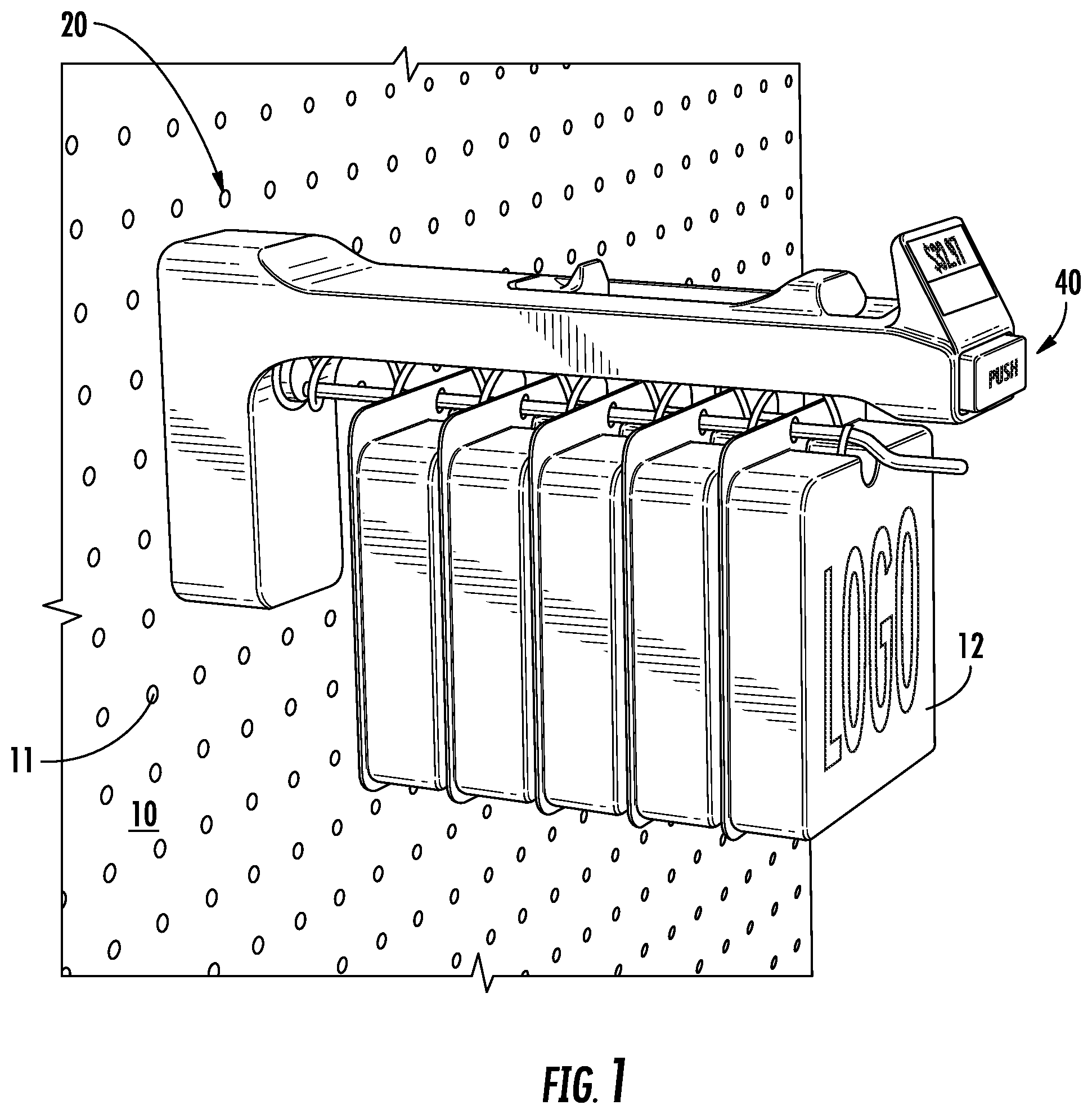 Patent US12167801 — Merchandise display hook including anti-sweep mechanism — Figure 1