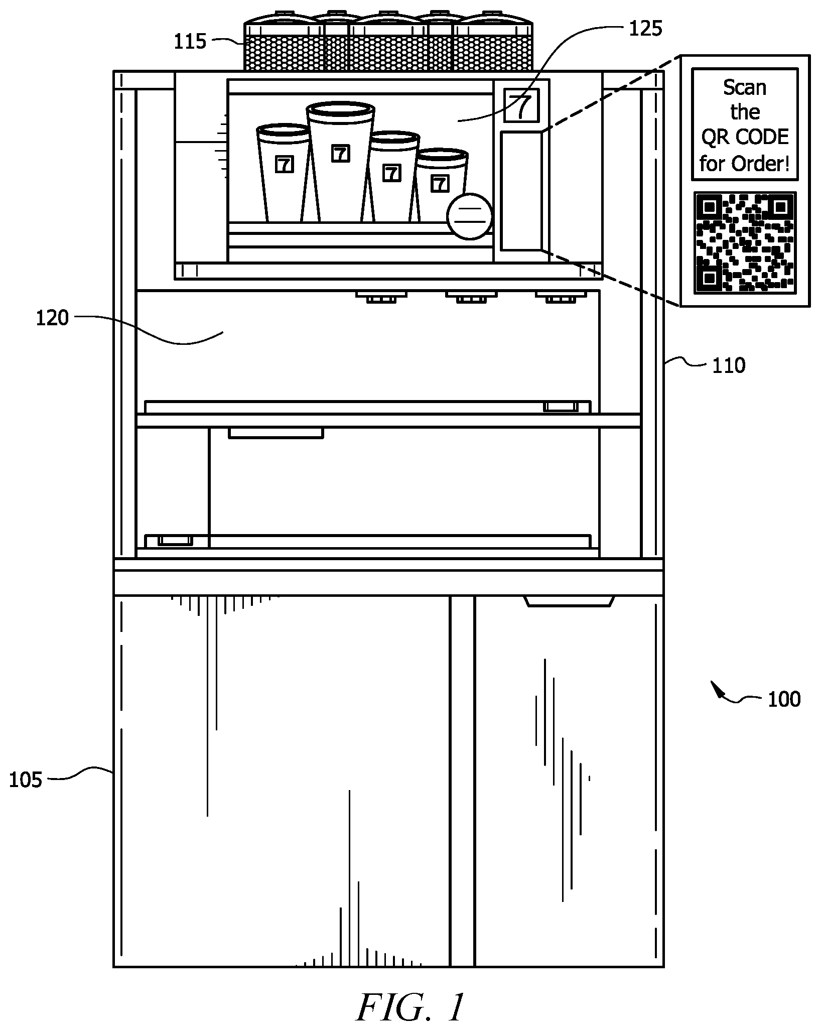 Patent US12167811 — Coffee machine with robotic arms and a lift traveling between platform levels — Figure 1
