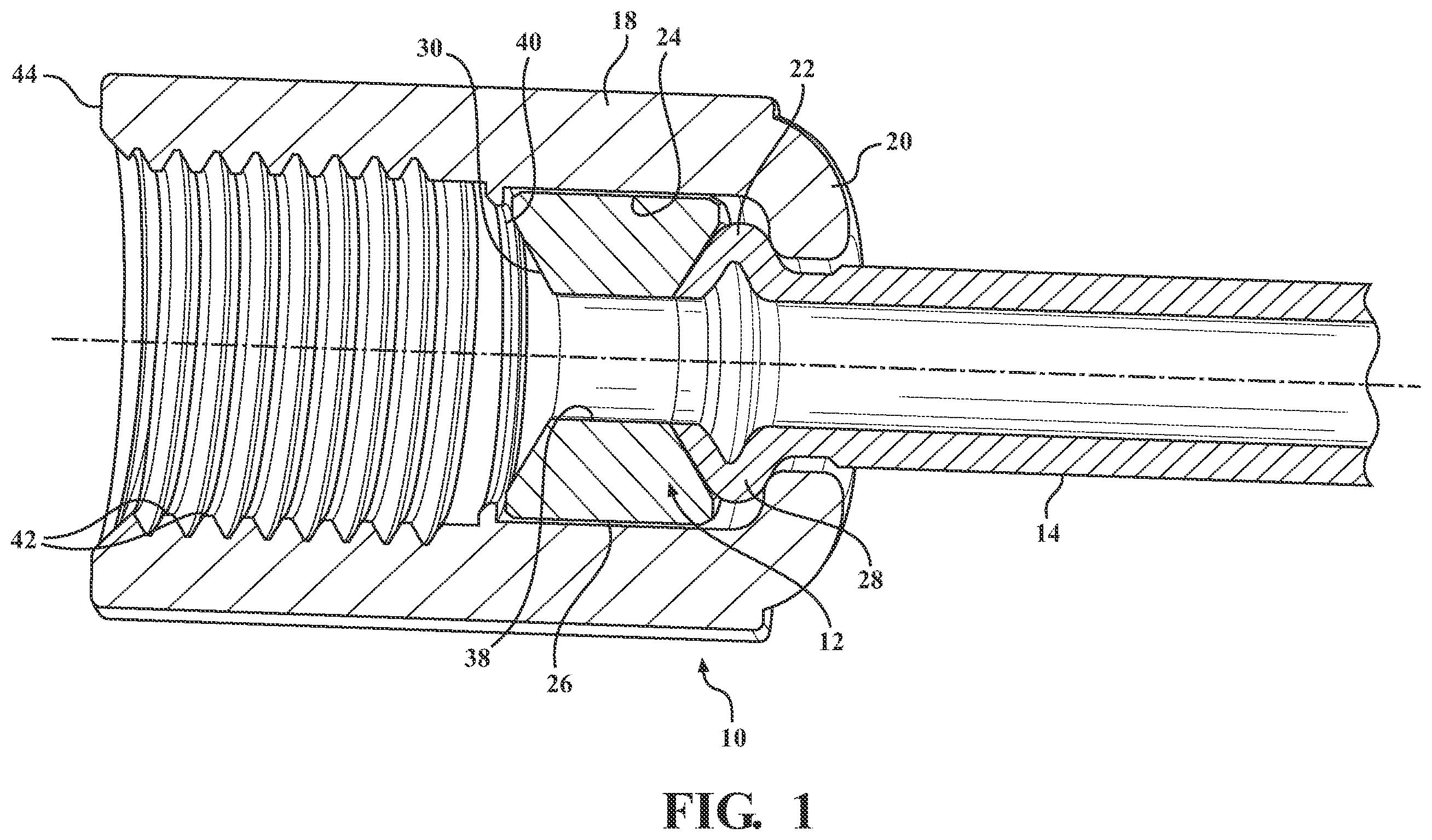 Patent US12173814 — Female ISO flare union with integrated mating brake ISO F flare port — Figure 1
