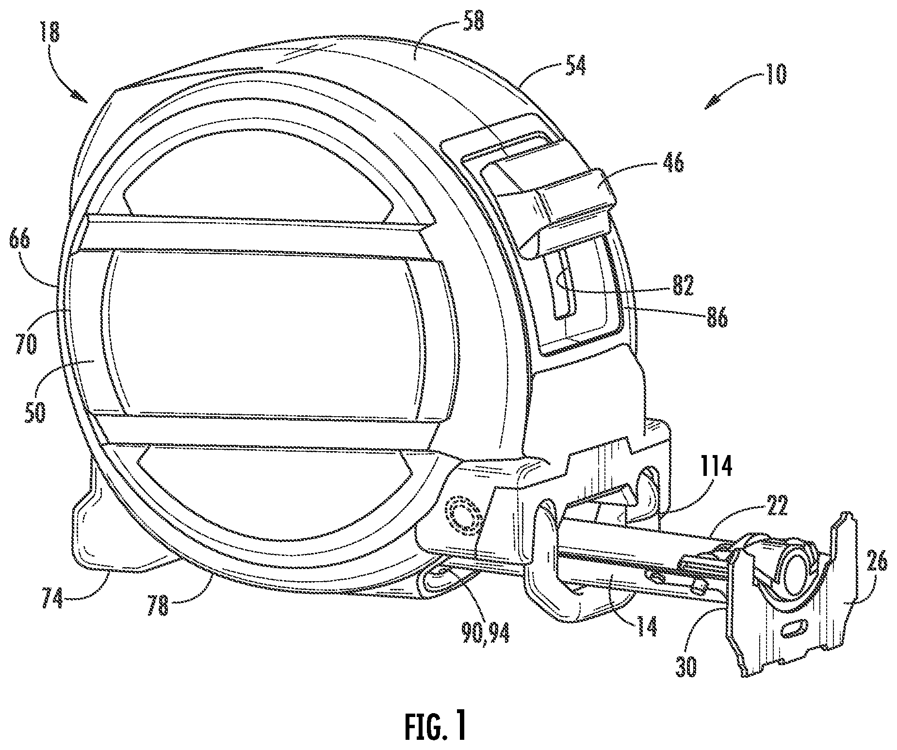 Patent US12174011 Figure 1 – Tape measure with protective bumper