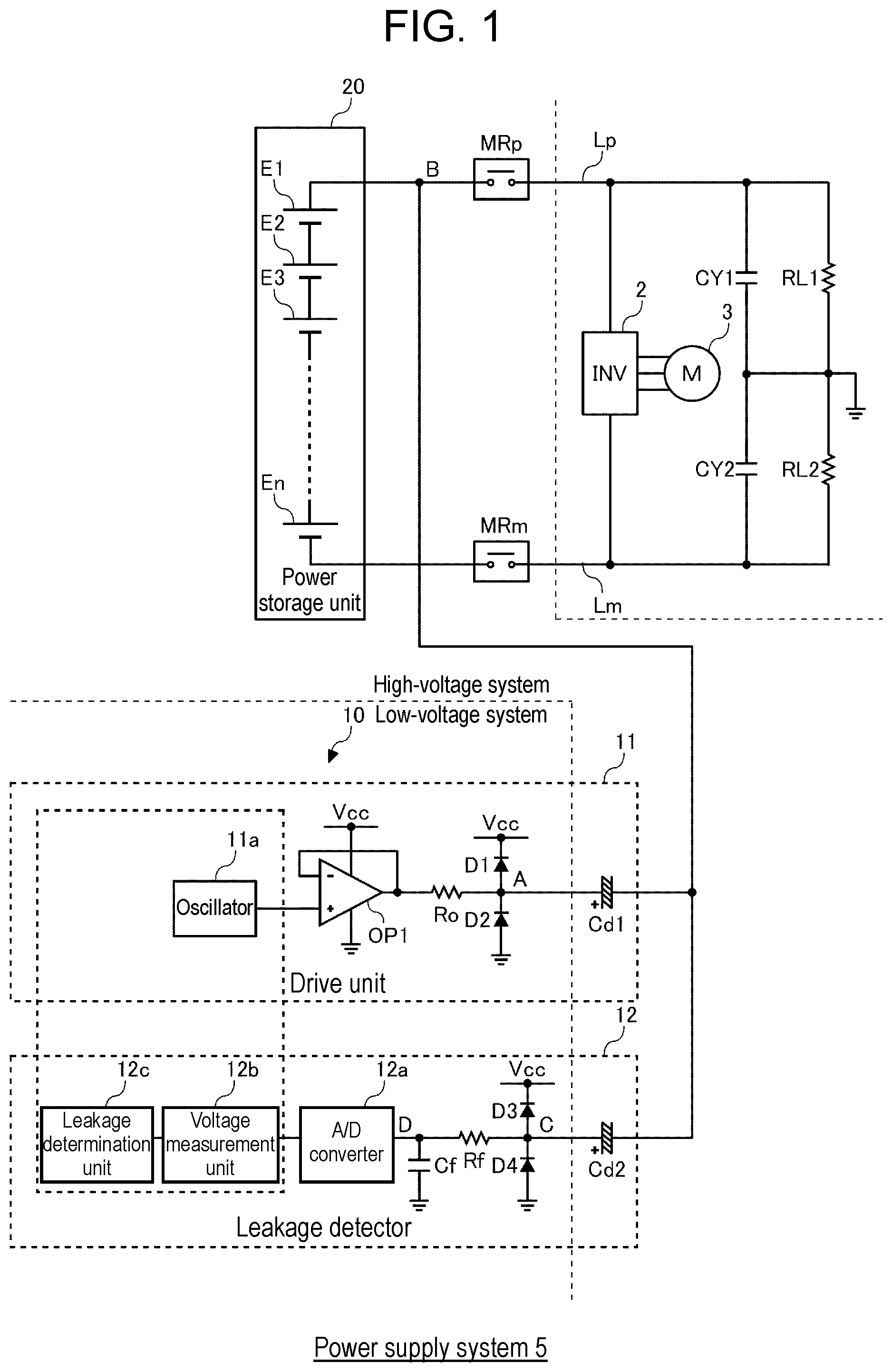 Patent US12174230 — Electricity leakage detection device and vehicle power supply system — Figure 1