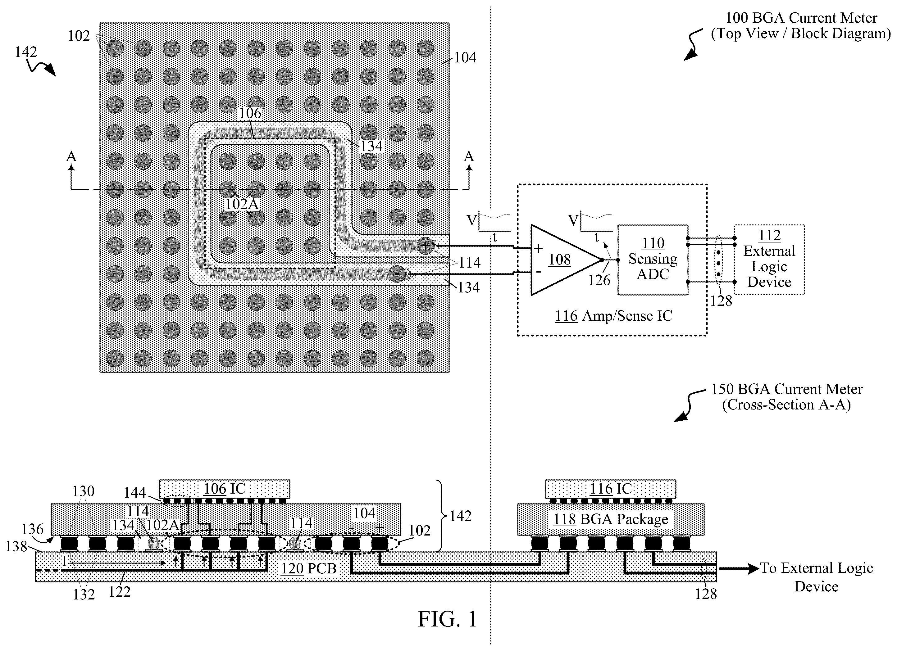 Patent US12174240 — Ball grid array current meter with a current sense wire — Figure 1