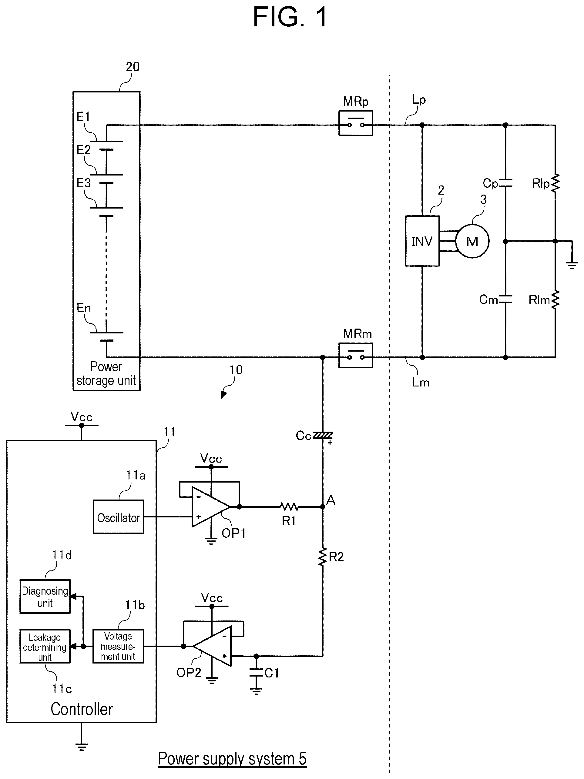Patent US12174267 — Earth leakage detecting device, and vehicular power supply system — Figure 1