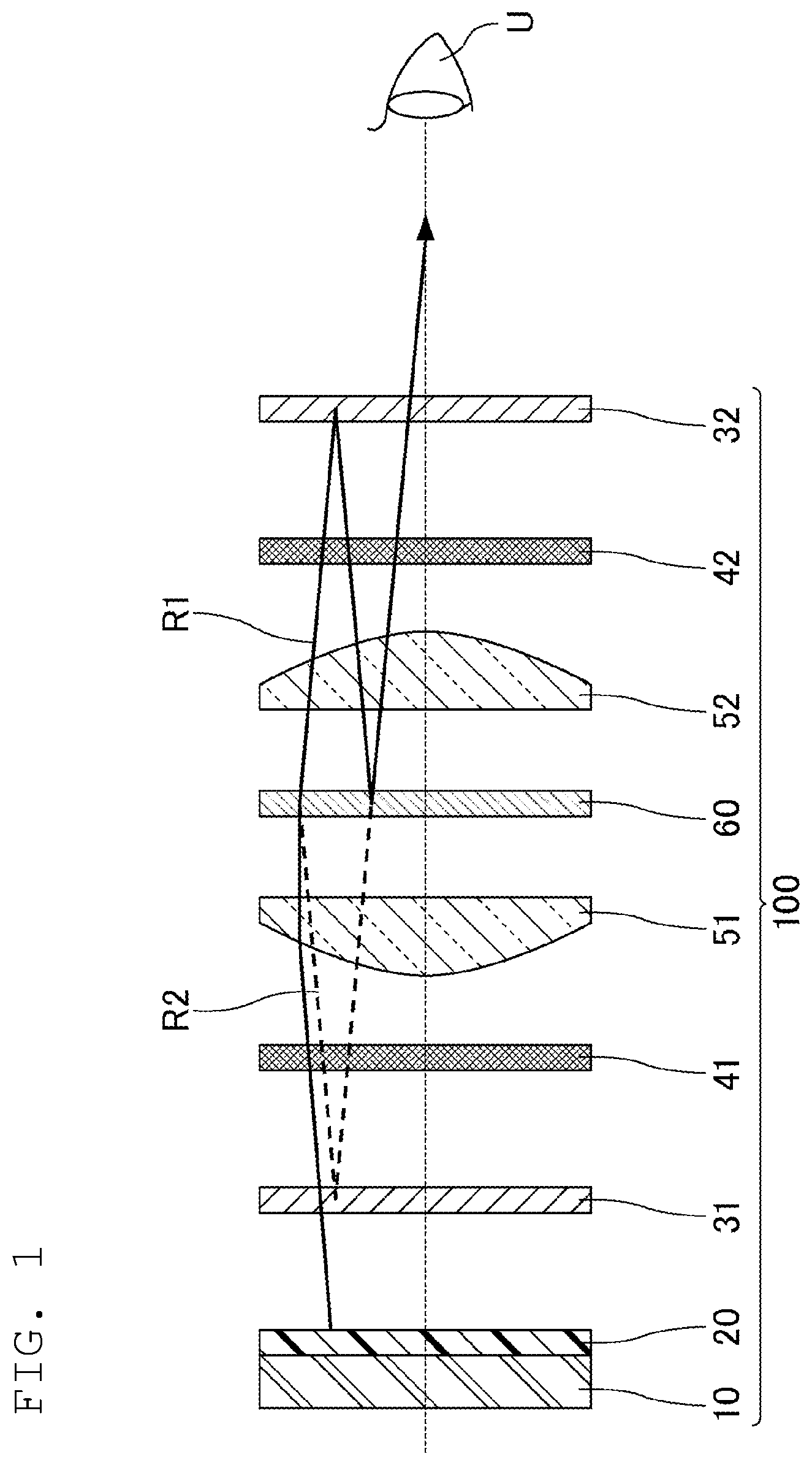 Patent US12174386 — Display device including a first lens and a second lens having shapes asymmetric about a semi-transparent mirror, and head-mounted display — Figure 1