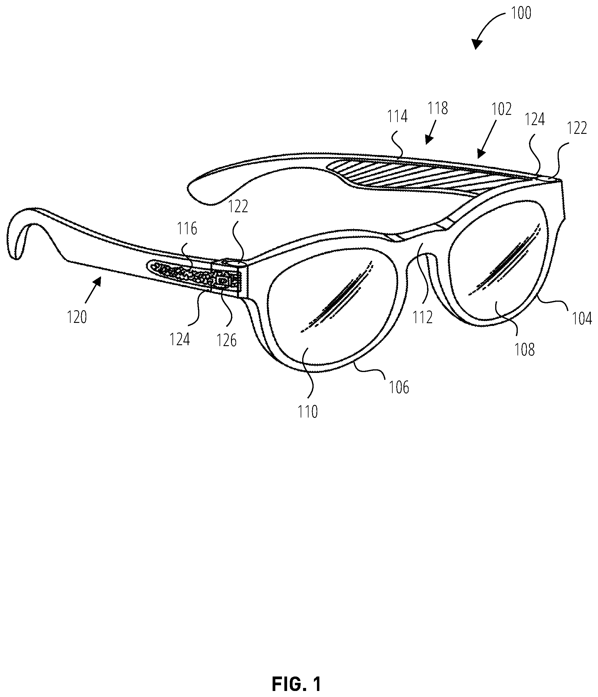 Patent US12174390 — Support arm thermal structure for extended reality glasses — Figure 1