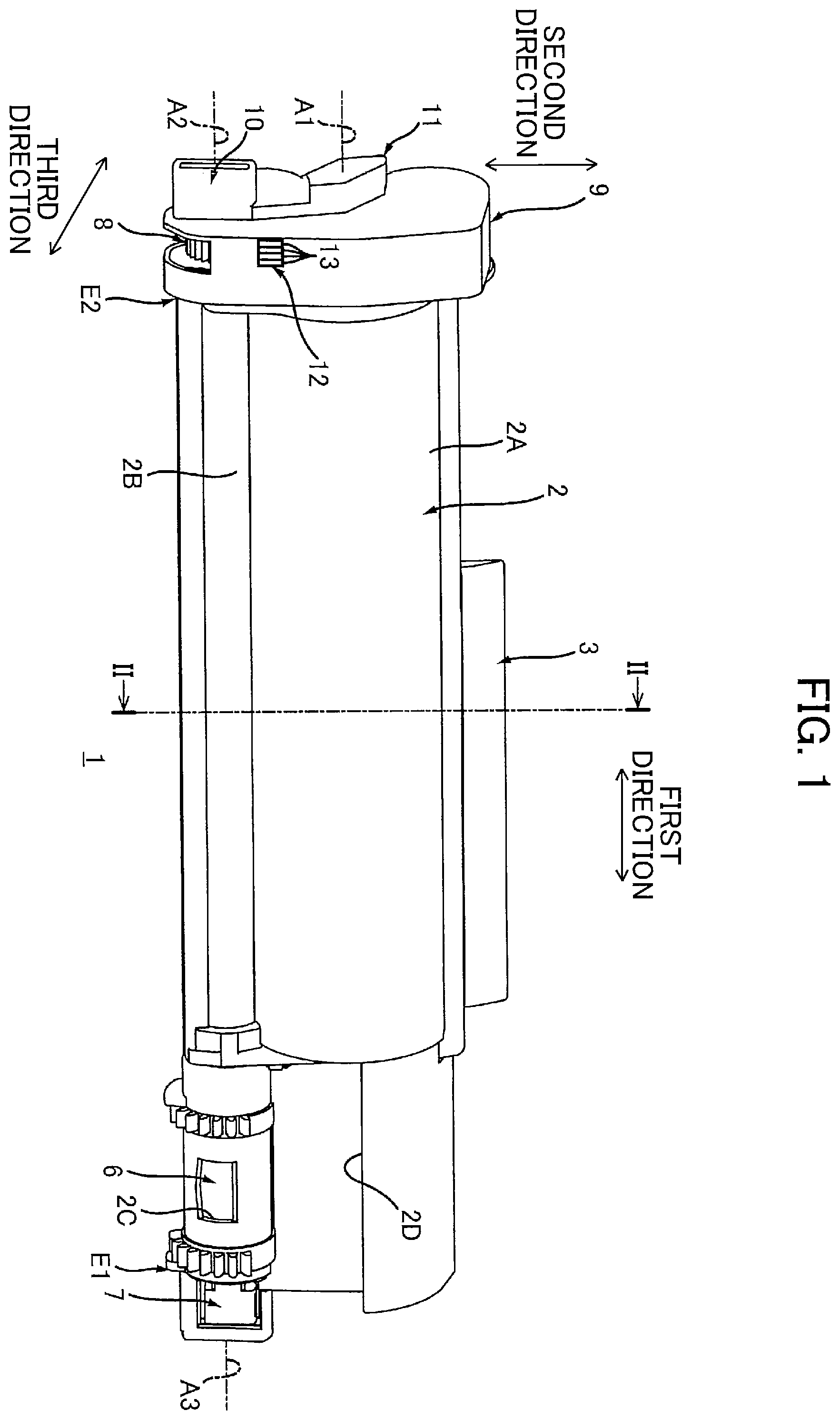 Patent US12174559 Figure 1 – Toner cartridge having electrical contact surface that can contact electrical contact surface of drum cartridge in accordance with pivotal movement of casing