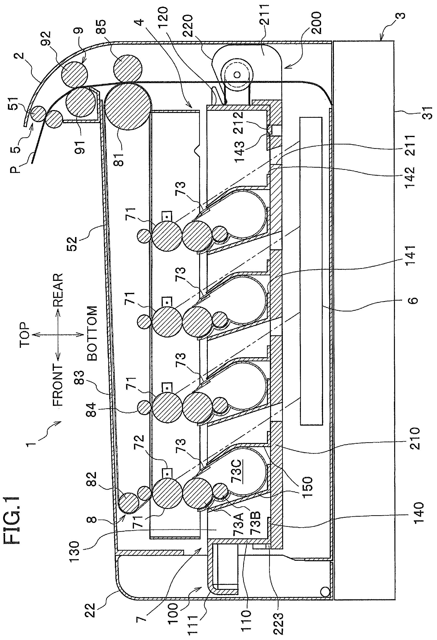 Patent US12174581 — Image-forming device having guide to guide drawer supporting developing units in main casing — Figure 1