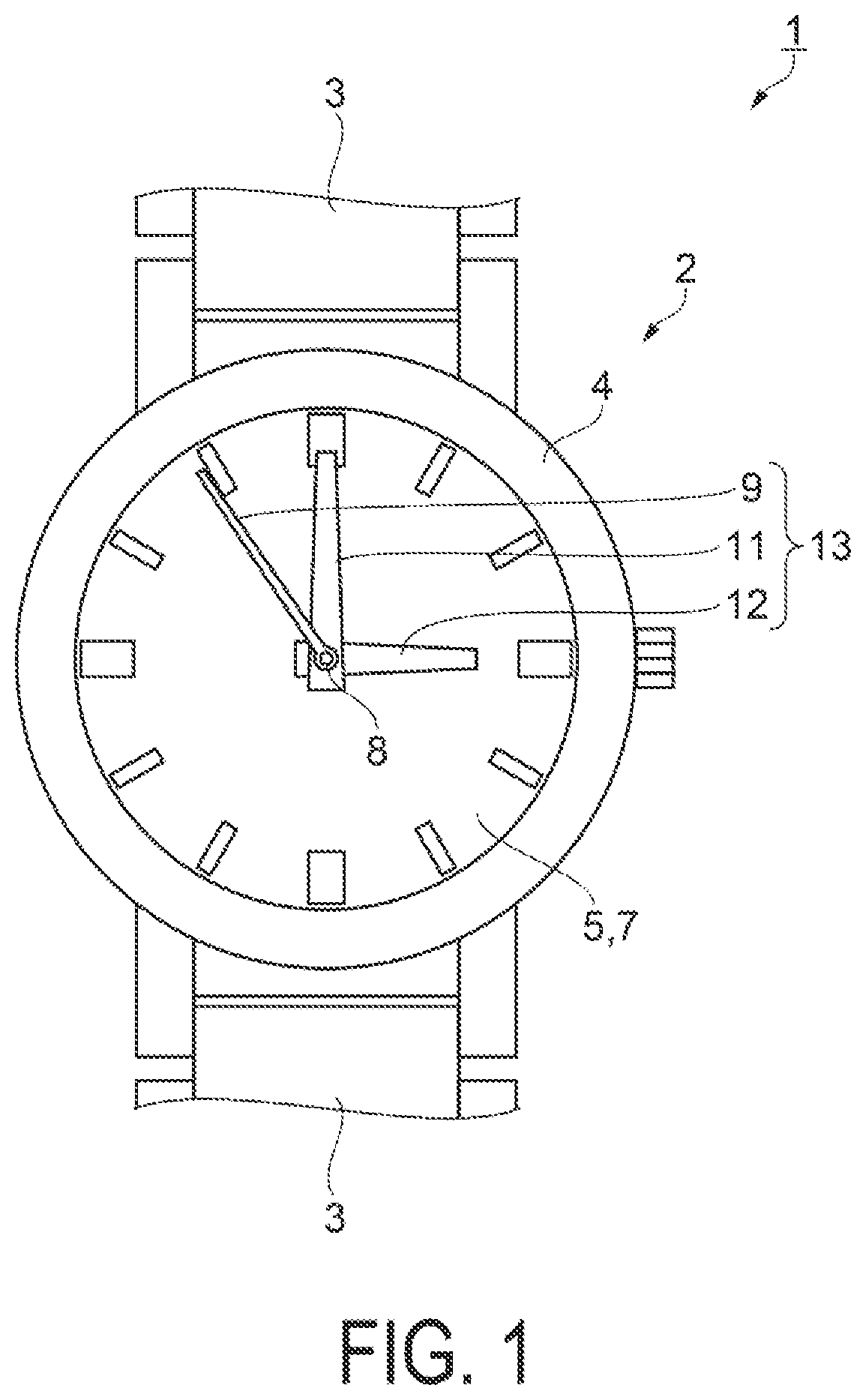 Patent US12174589 Figure 1 – Electronic watch having a date indicator between a battery and a movement